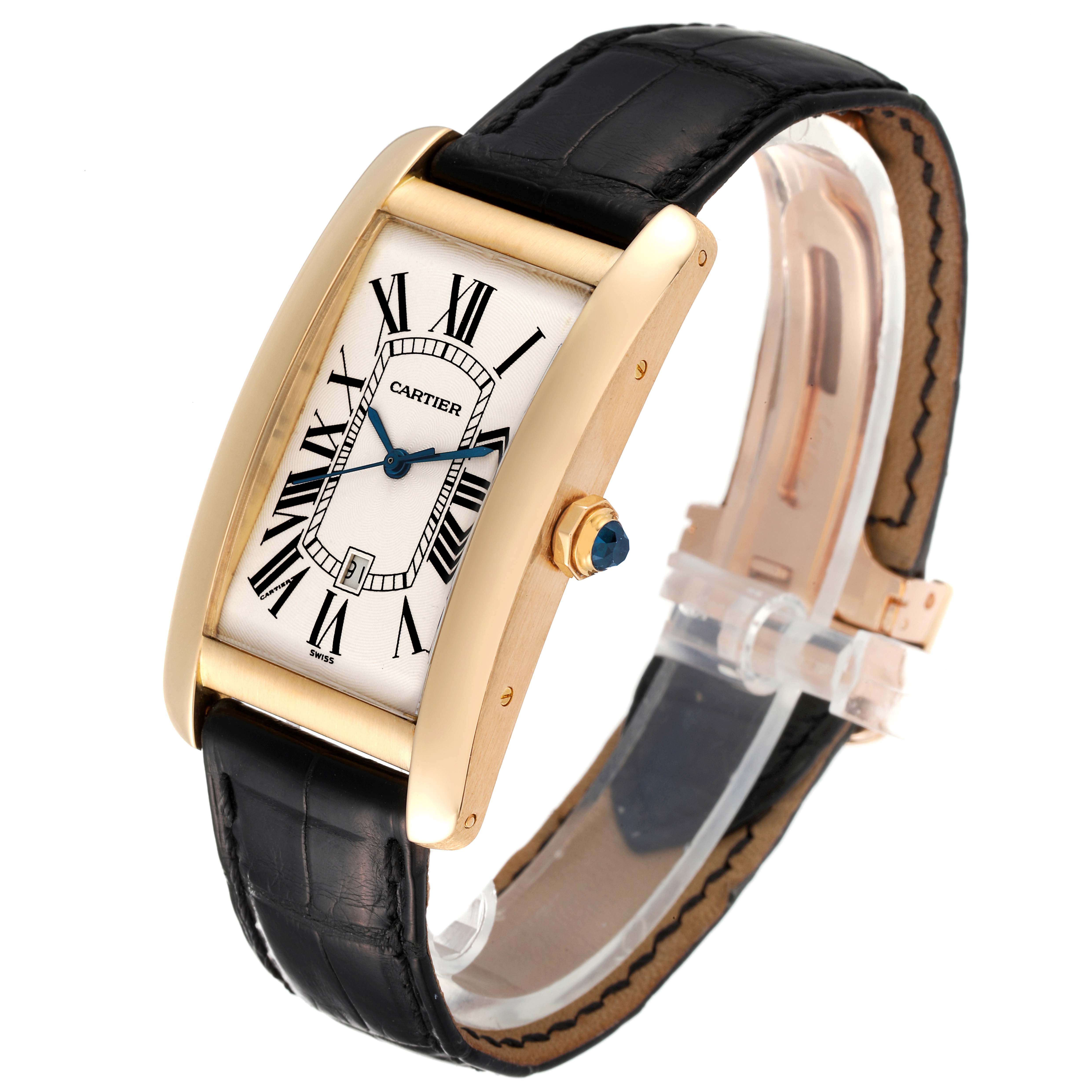This Cartier Tank Américaine watch is showcased at a 3/4 angle, highlighting the rectangular case, Roman numeral dial, and leather strap.