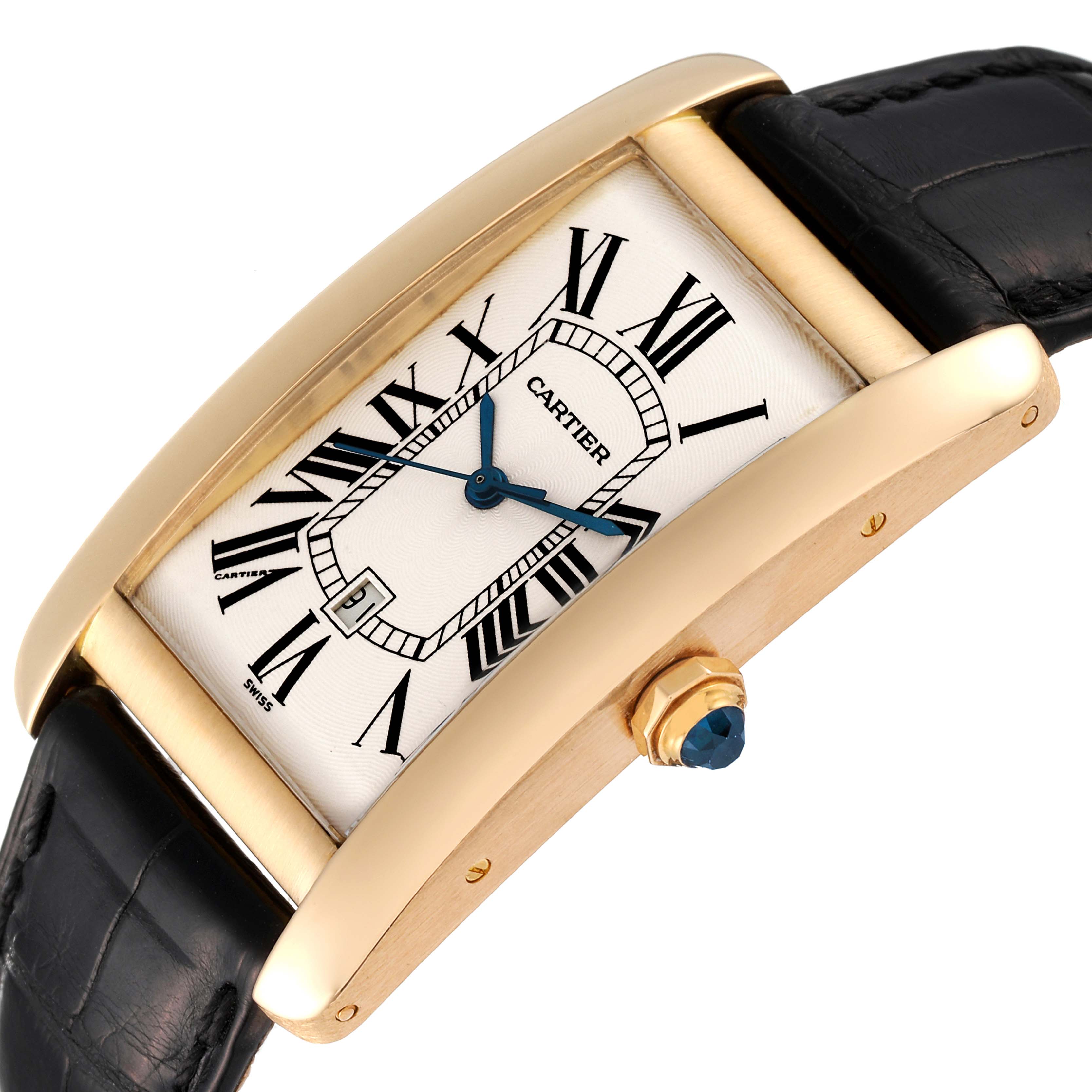 This image shows a Cartier Tank Americaine W2603156 Men
s Yellow Gold Silver Dial W2603156 Men
s Yellow Gold Silver Dial watch at a slight tilt, highlighting the face, crown, and leather strap.