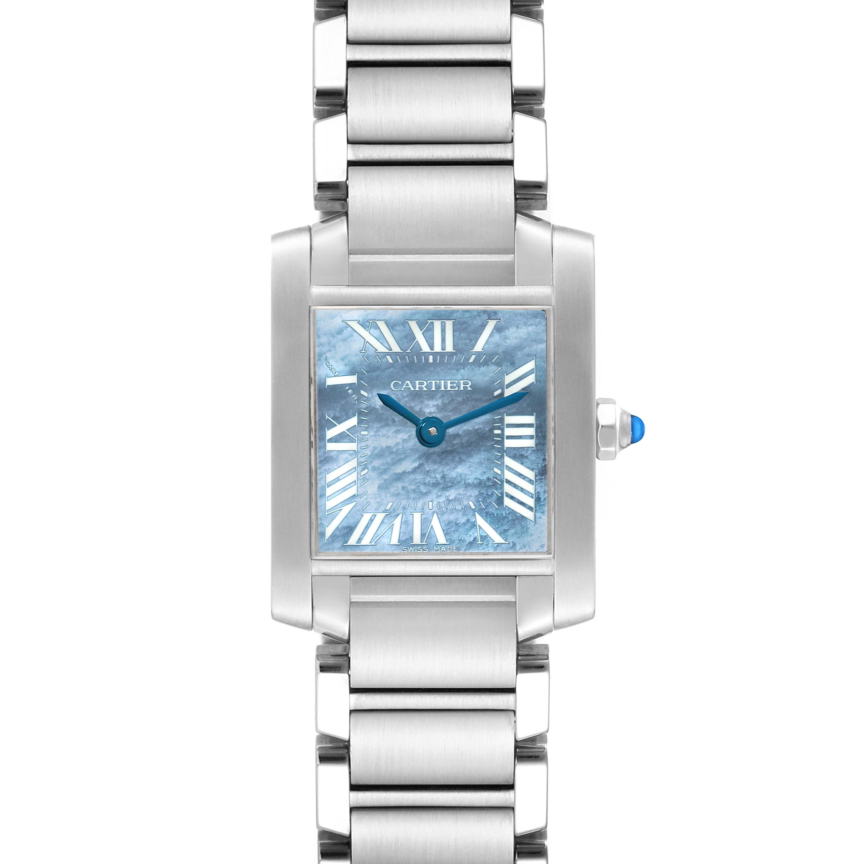 The image shows a front view of the Cartier Tank Francaise W51034Q3 Women's Stainless Steel Mother of Pearl Dial W51034Q3 Women's Stainless Steel Mother of Pearl Dial watch, highlighting its square face, blue dial, Roman numerals, and stainless steel bracelet.