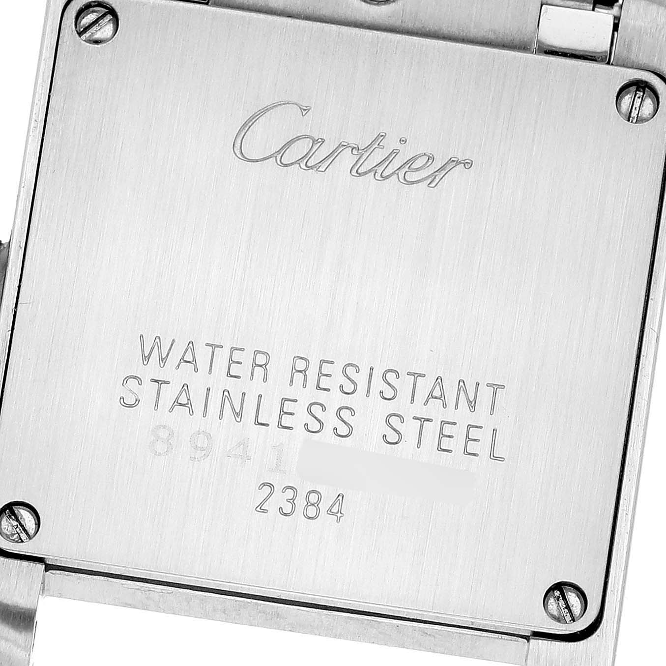 This image shows the back case of a Cartier Tank Francaise W51034Q3 Women's Stainless Steel Mother of Pearl Dial W51034Q3 Women's Stainless Steel Mother of Pearl Dial watch, highlighting its water resistant and stainless steel features.