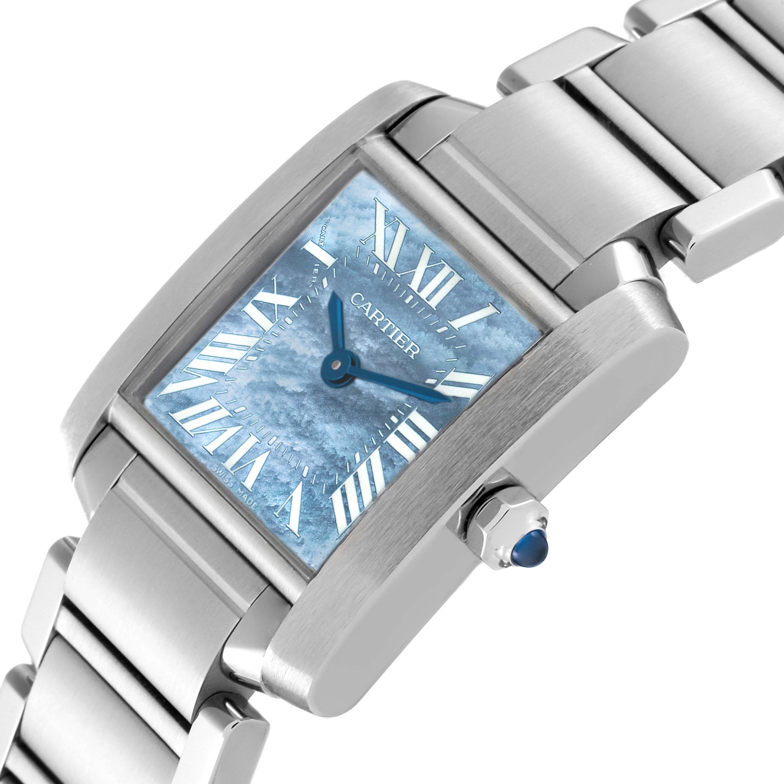 The image shows a close-up angle of the Cartier Tank Française watch, highlighting its dial, case, and part of the bracelet.