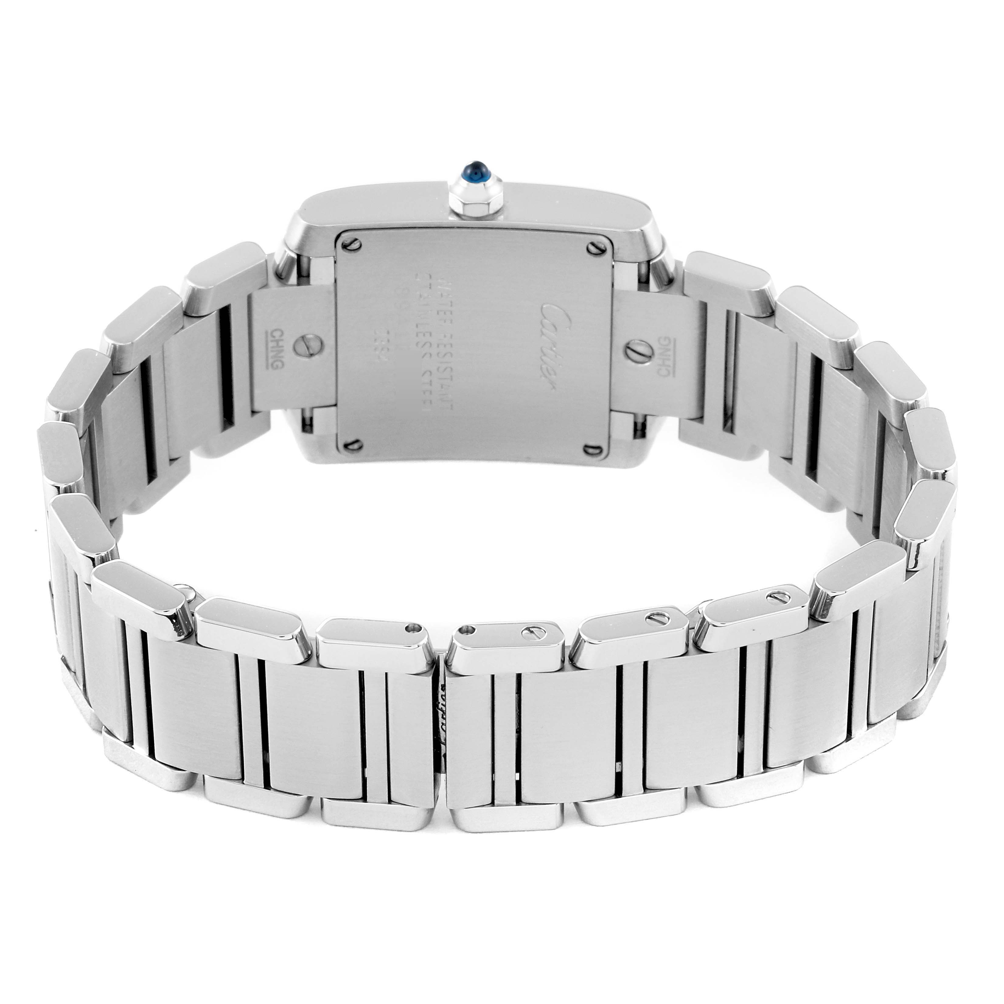 This image shows the back view of the Tank Francaise model watch by Cartier, highlighting the stainless steel bracelet and case back.