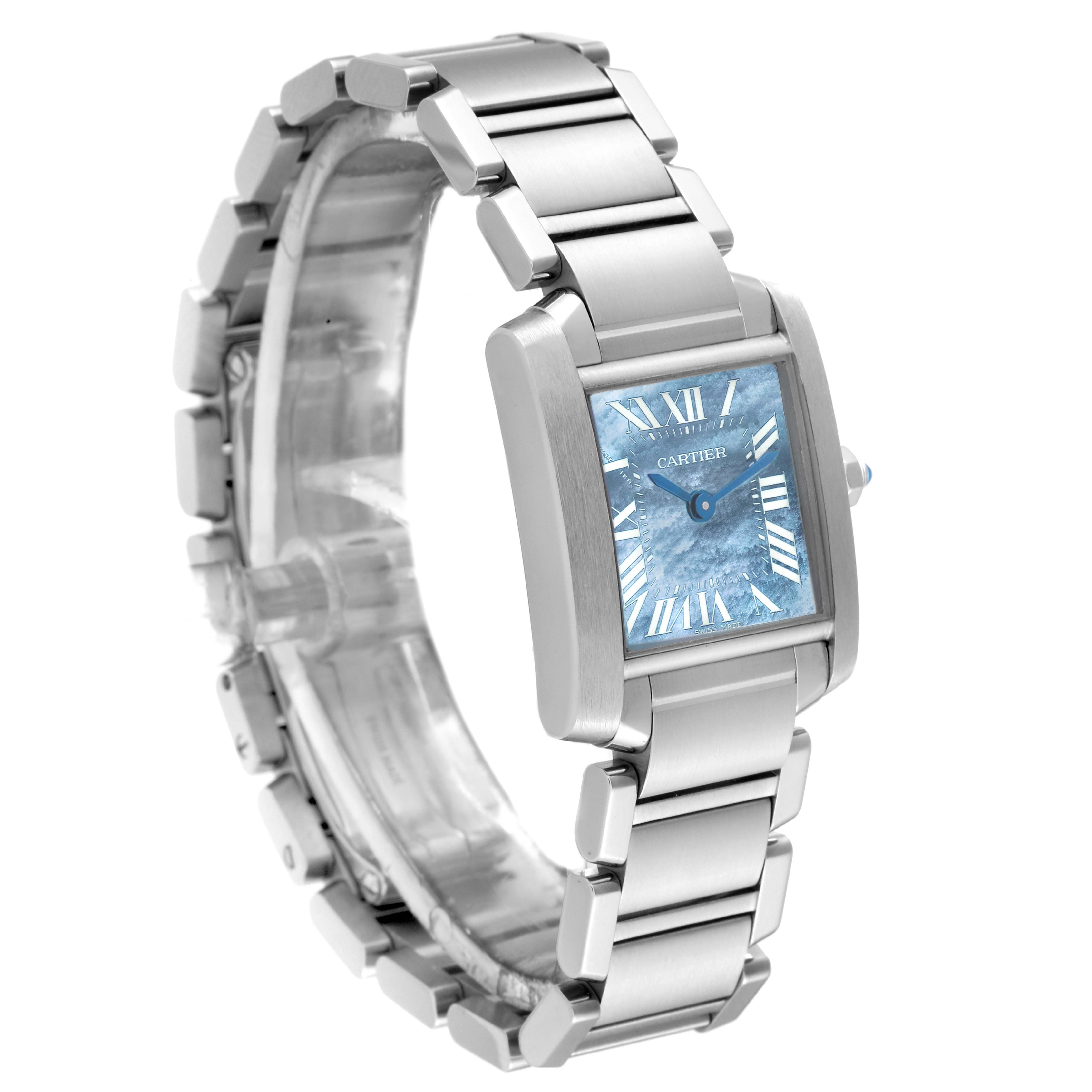 This is a Cartier Tank Française watch, shown at a three-quarter angle, highlighting its rectangular face and metal bracelet.