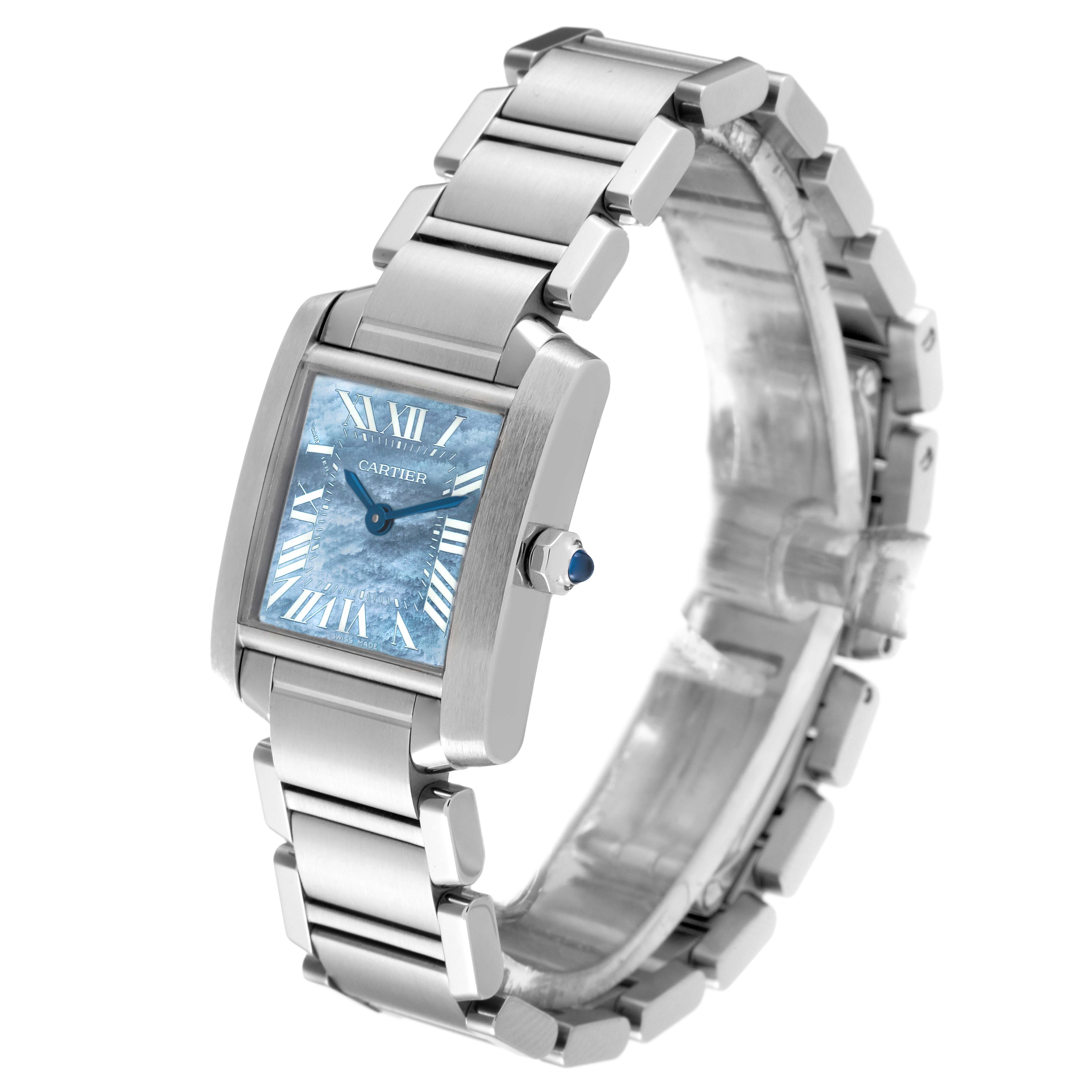 The Cartier Tank Francaise W51034Q3 Women's Stainless Steel Mother of Pearl Dial W51034Q3 Women's Stainless Steel Mother of Pearl Dial watch is shown at an angled view highlighting its bracelet, rectangular face, and crown with a blue cabochon.