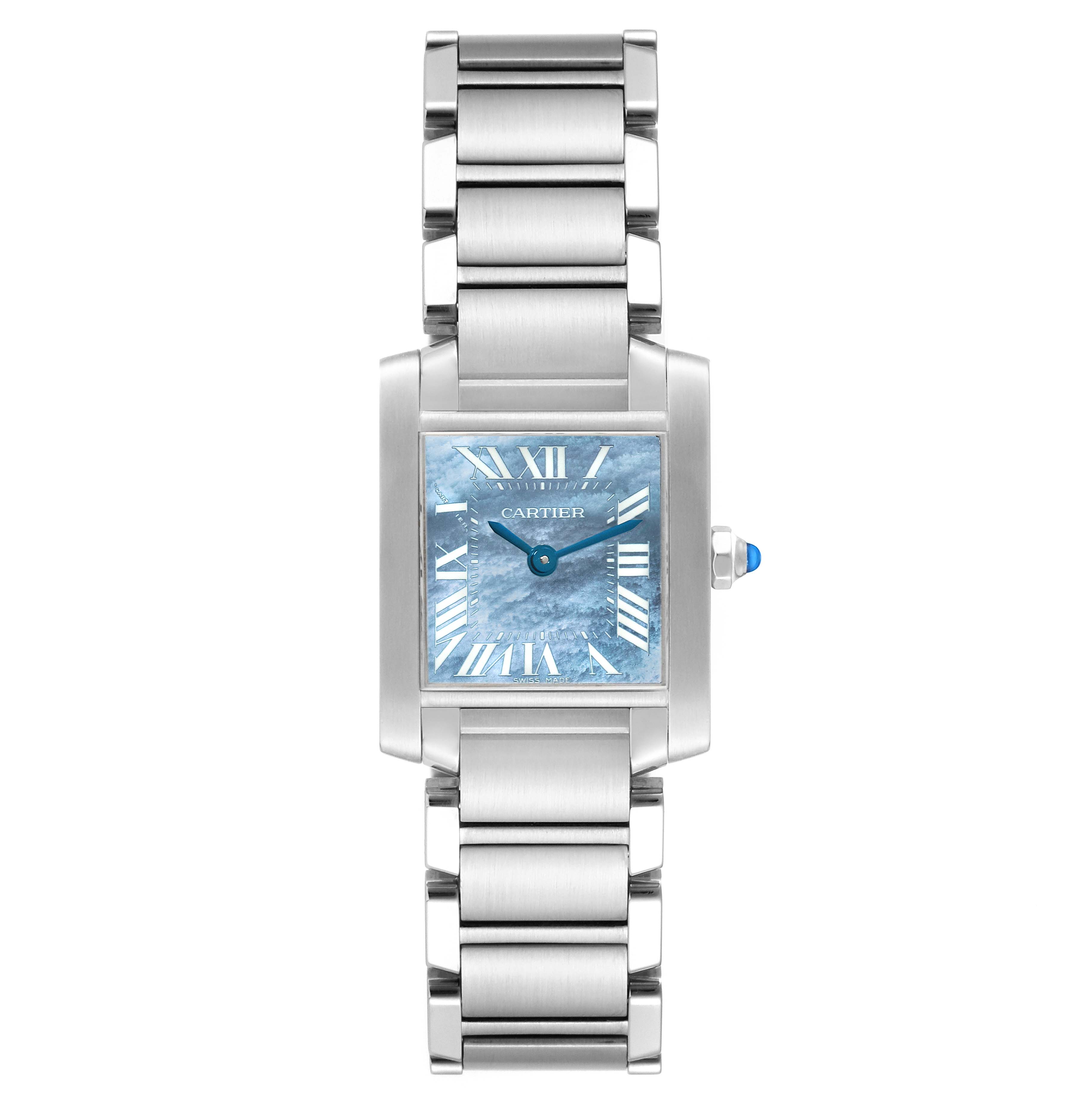 The image shows a front view of the Cartier Tank Francaise W51034Q3 Women's Stainless Steel Mother of Pearl Dial W51034Q3 Women's Stainless Steel Mother of Pearl Dial watch, highlighting its face and metal bracelet.