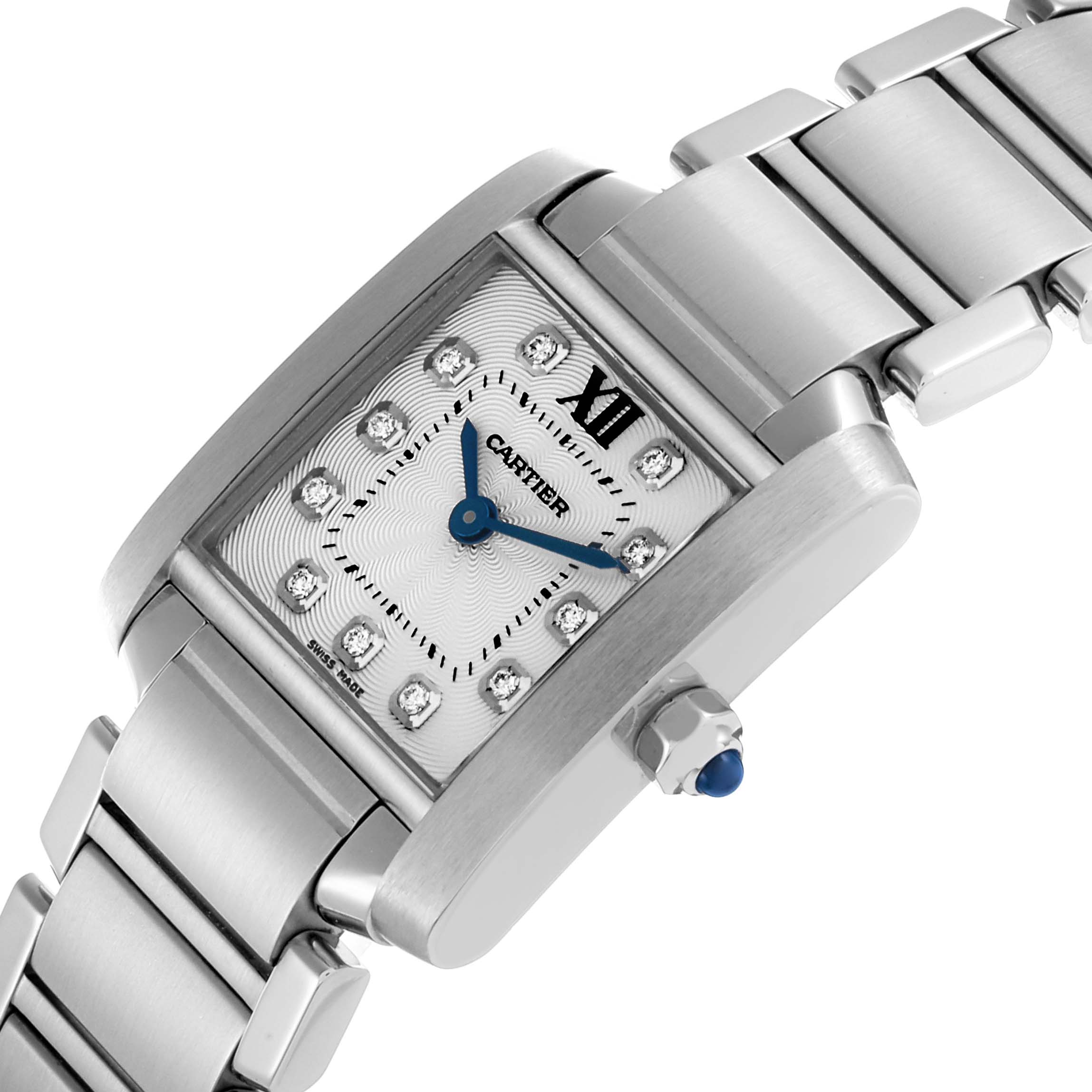 The Cartier Tank Francaise WE110006 Women's Stainless Steel Silver Dial WE110006 Women's Stainless Steel Silver Dial watch is shown at an angled close-up of the face, crown, and part of the bracelet.