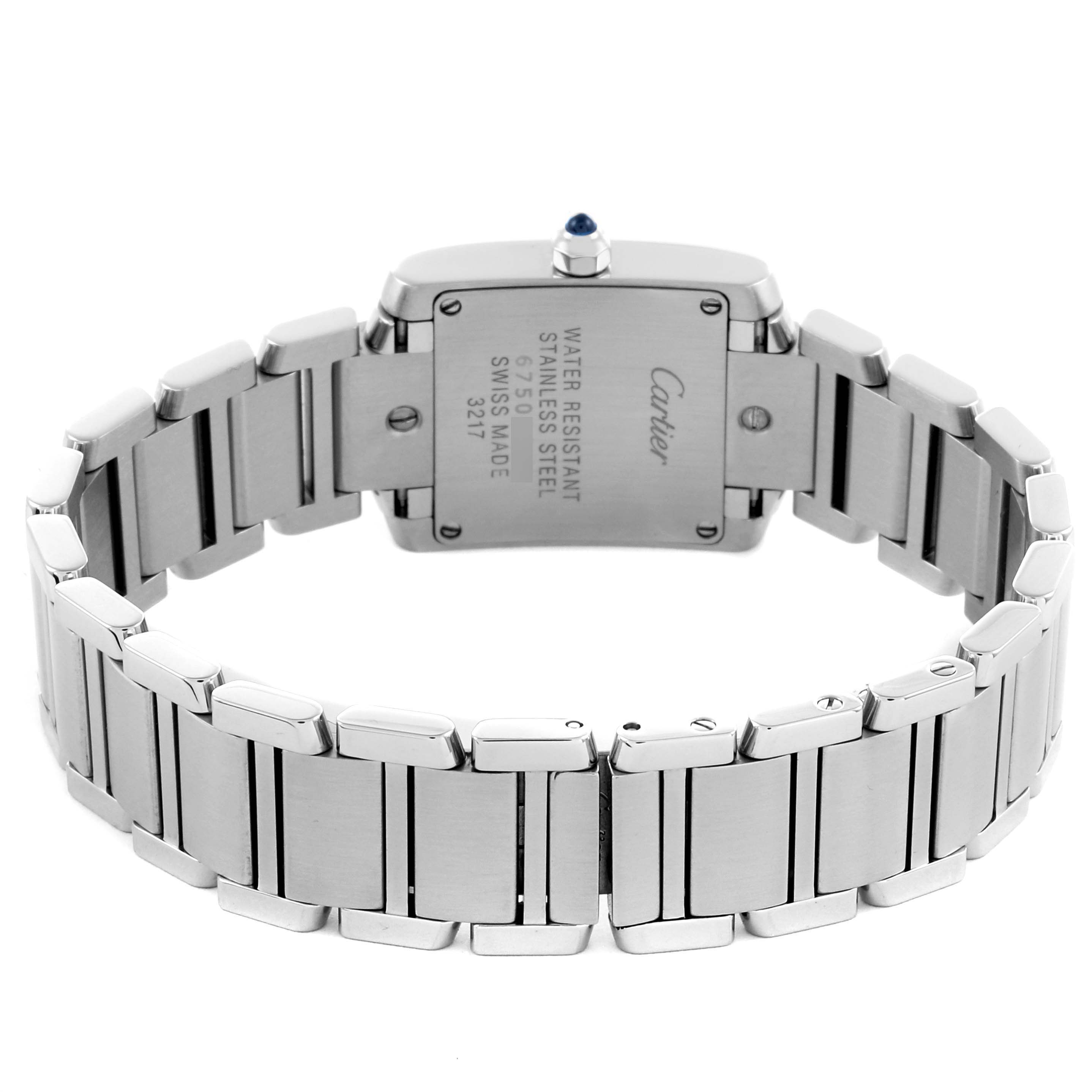 The Cartier Tank Francaise WE110006 Women's Stainless Steel Silver Dial WE110006 Women's Stainless Steel Silver Dial watch is shown from the back, highlighting the stainless steel bracelet and case back.