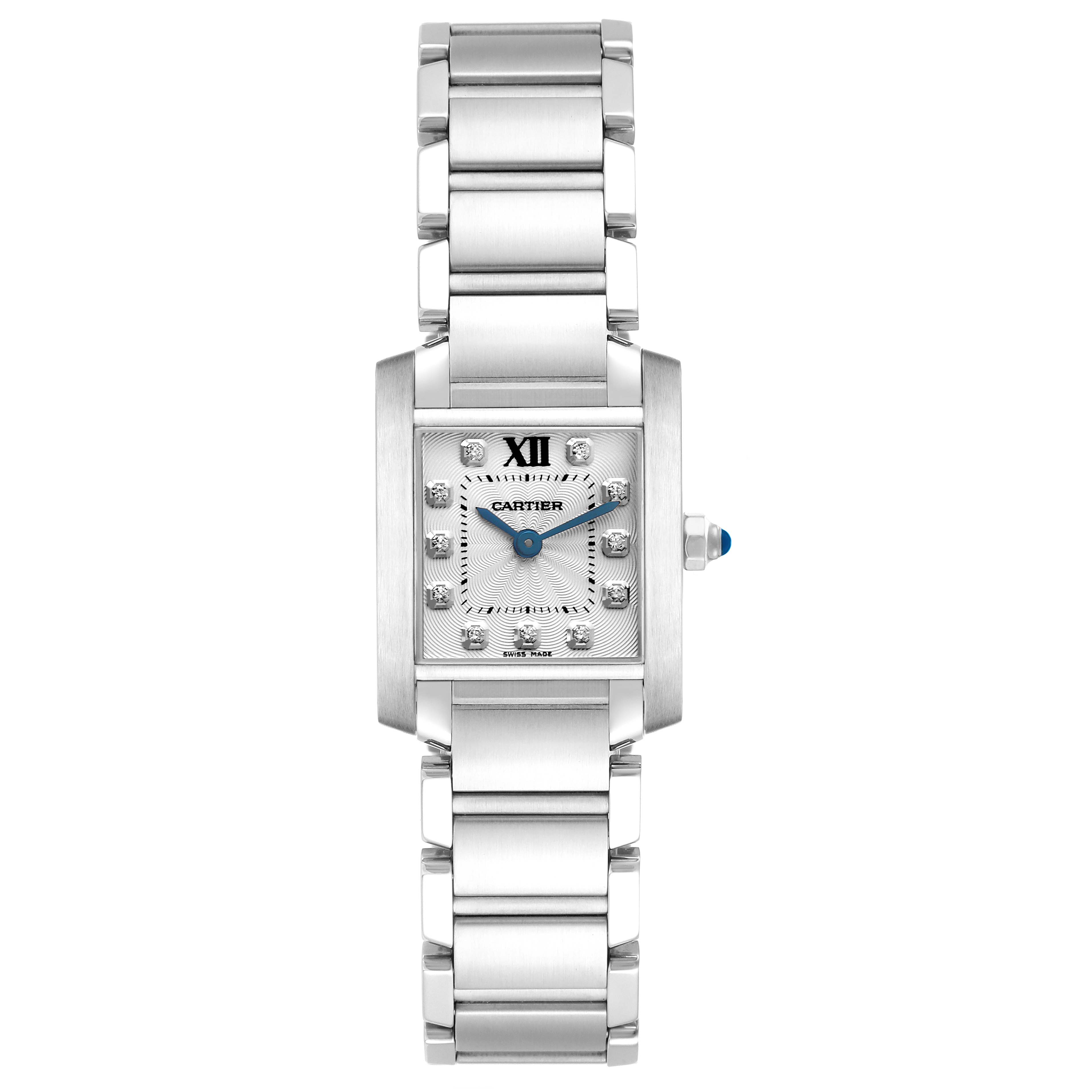 The Cartier Tank Francaise WE110006 Women's Stainless Steel Silver Dial WE110006 Women's Stainless Steel Silver Dial watch is shown from a top-down angle, highlighting its face, bracelet, and crown.