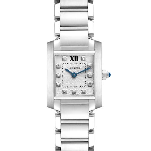 The Cartier Tank Française watch is shown from the front, displaying its rectangular face and silver bracelet.