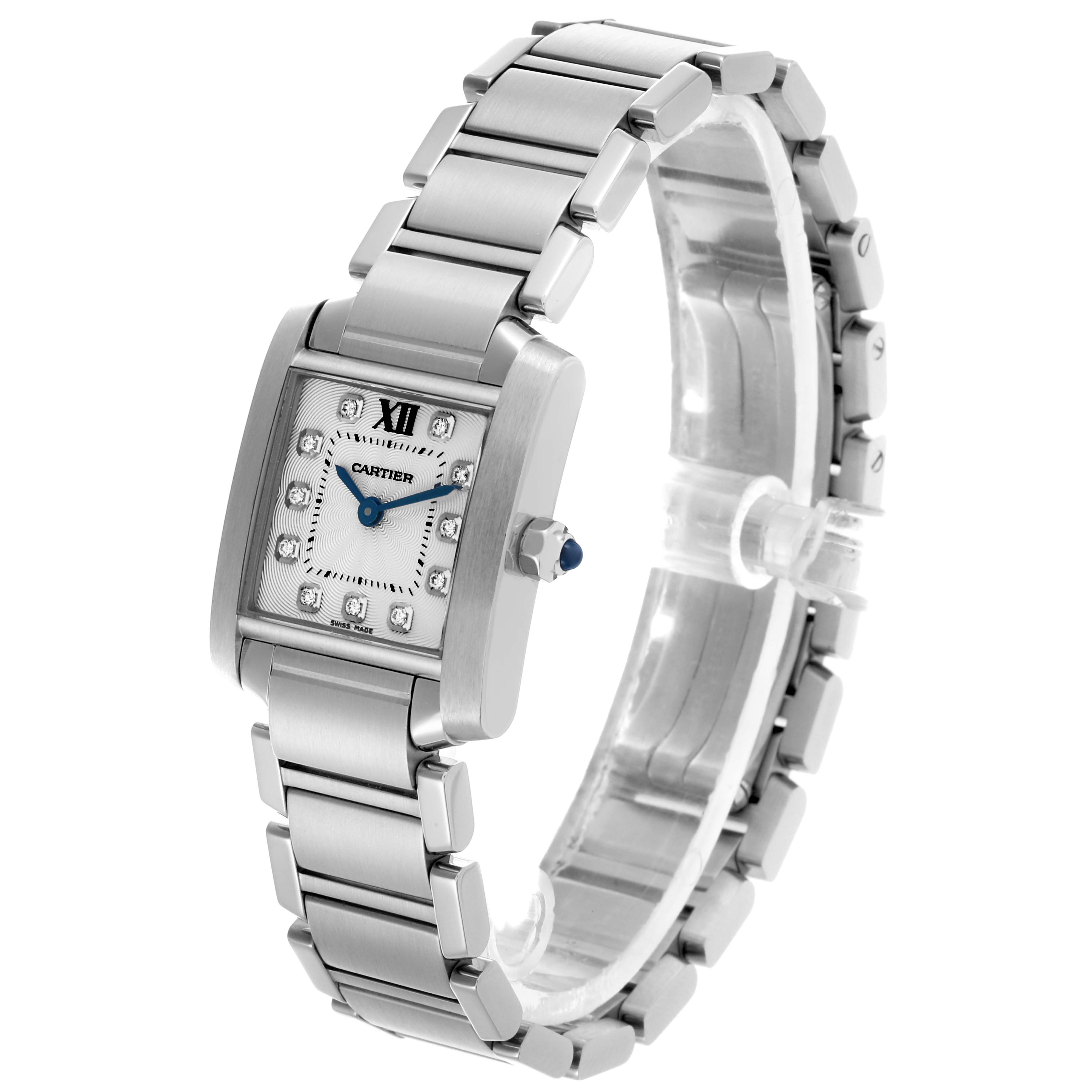 The Cartier Tank Francaise WE110006 Women's Stainless Steel Silver Dial WE110006 Women's Stainless Steel Silver Dial is shown at a side angle, highlighting the face, bezel, and metal bracelet.