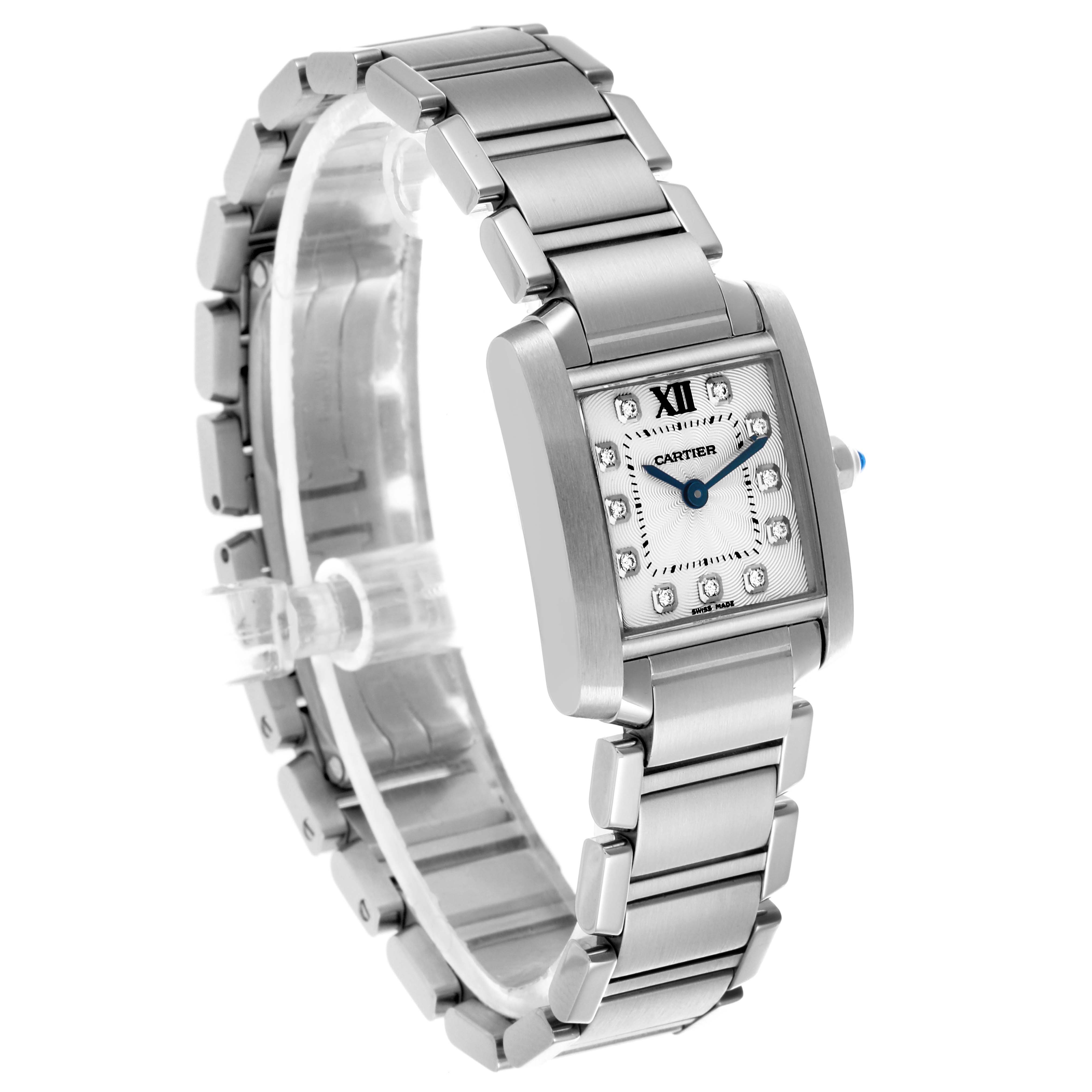 The Cartier Tank Française watch is shown at a three-quarter angle, highlighting its silver bracelet and rectangular face.