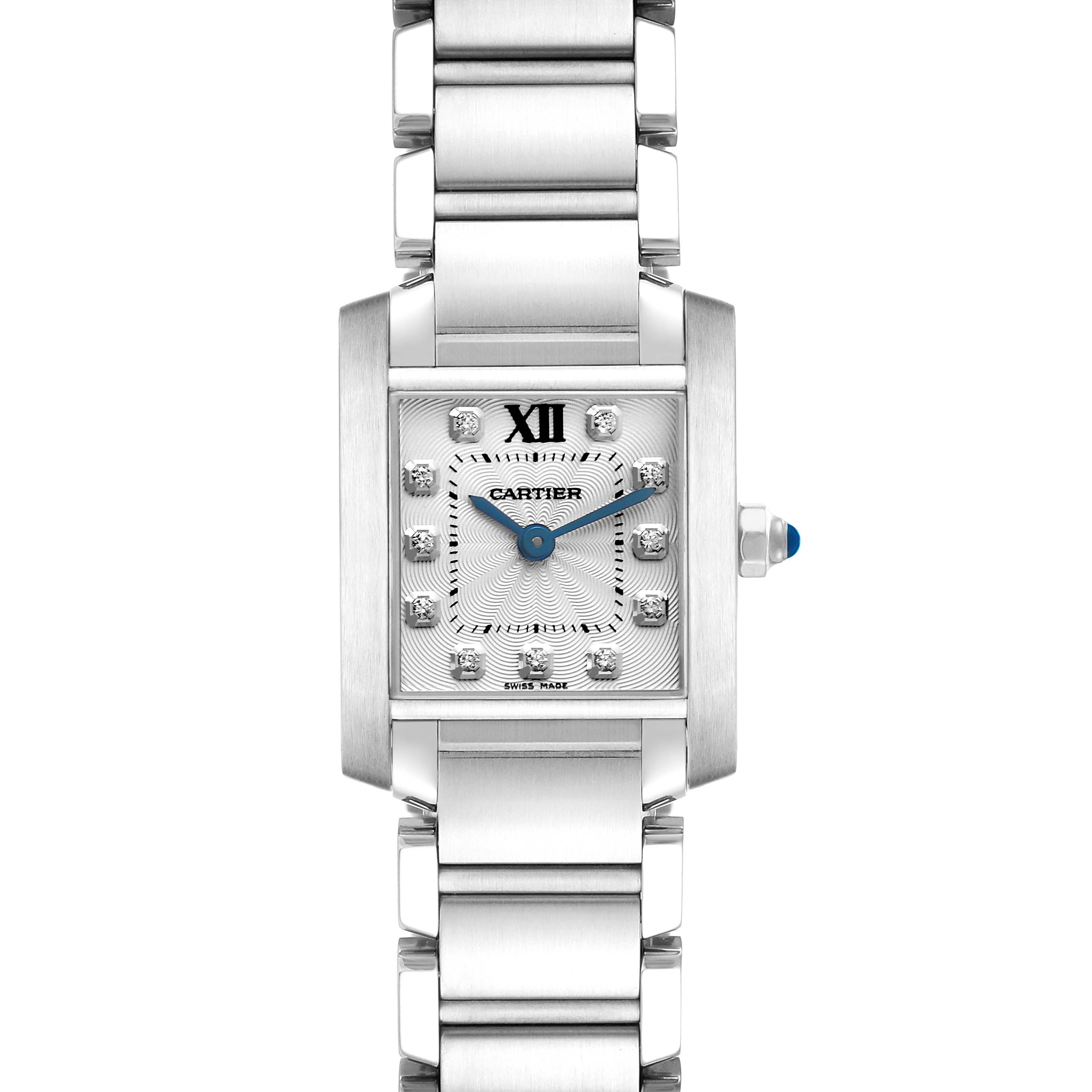 The Cartier Tank Française watch is shown from a front angle, displaying its face, case, crown, and bracelet.