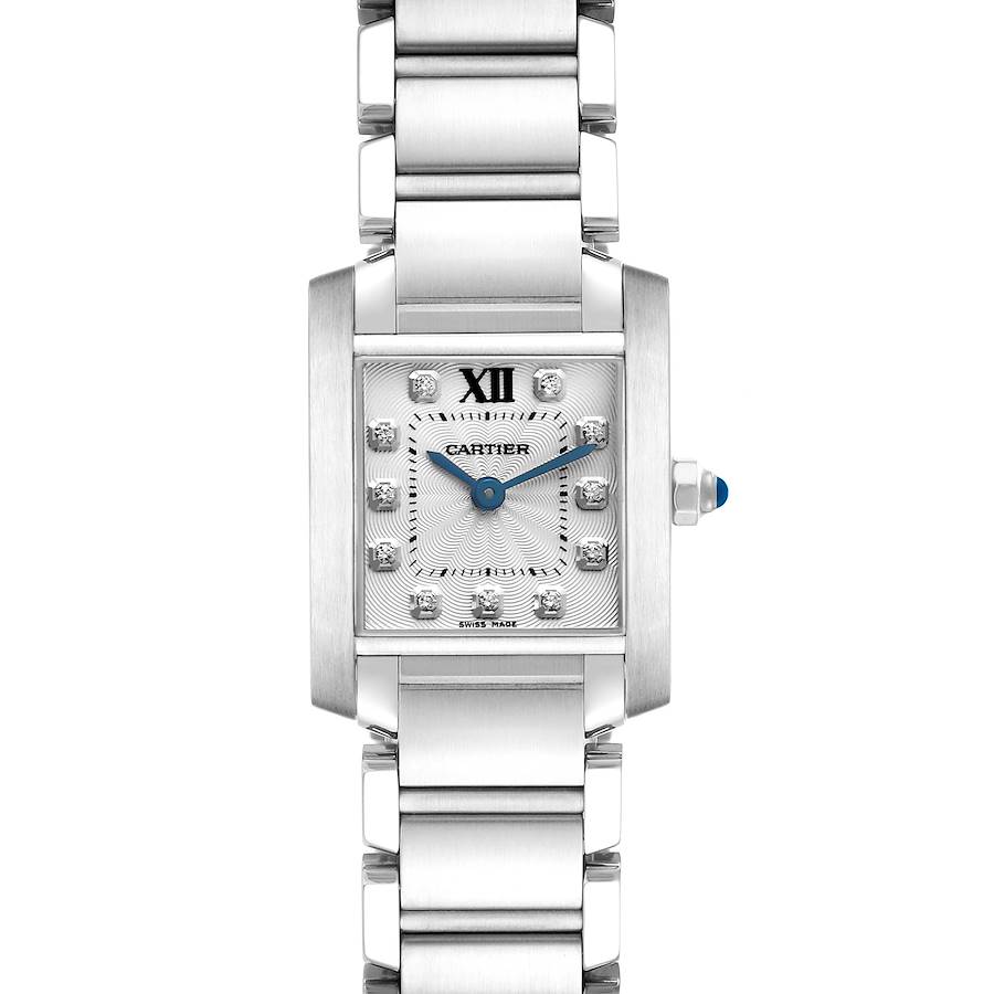 The Cartier Tank Française watch is shown from a front angle, displaying its face, case, crown, and bracelet.