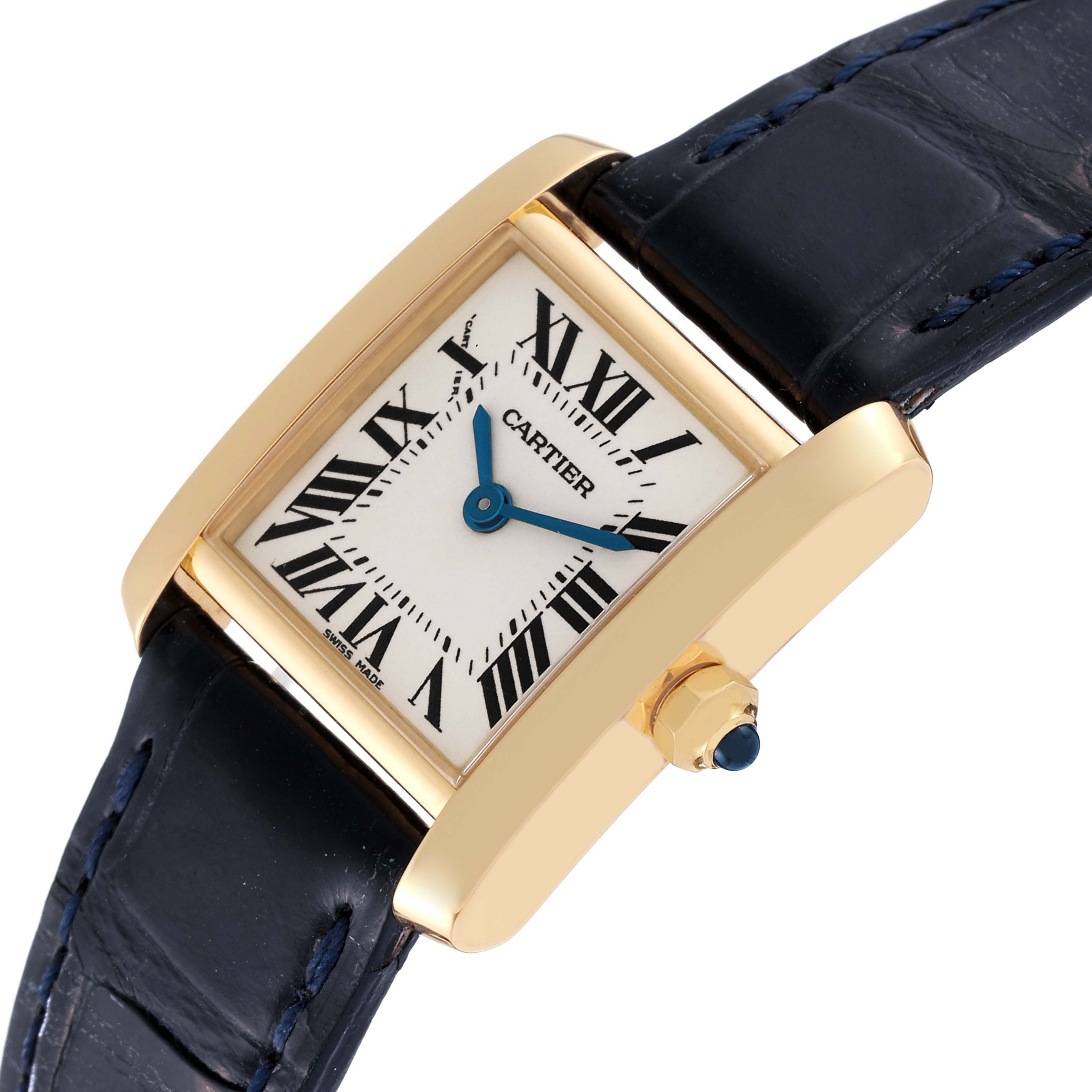 The image shows a Cartier Tank Francaise W5000256 Women
s Yellow Gold Silver Dial W5000256 Women
s Yellow Gold Silver Dial watch at a slightly angled view, highlighting its dial, case, crown, and leather strap.