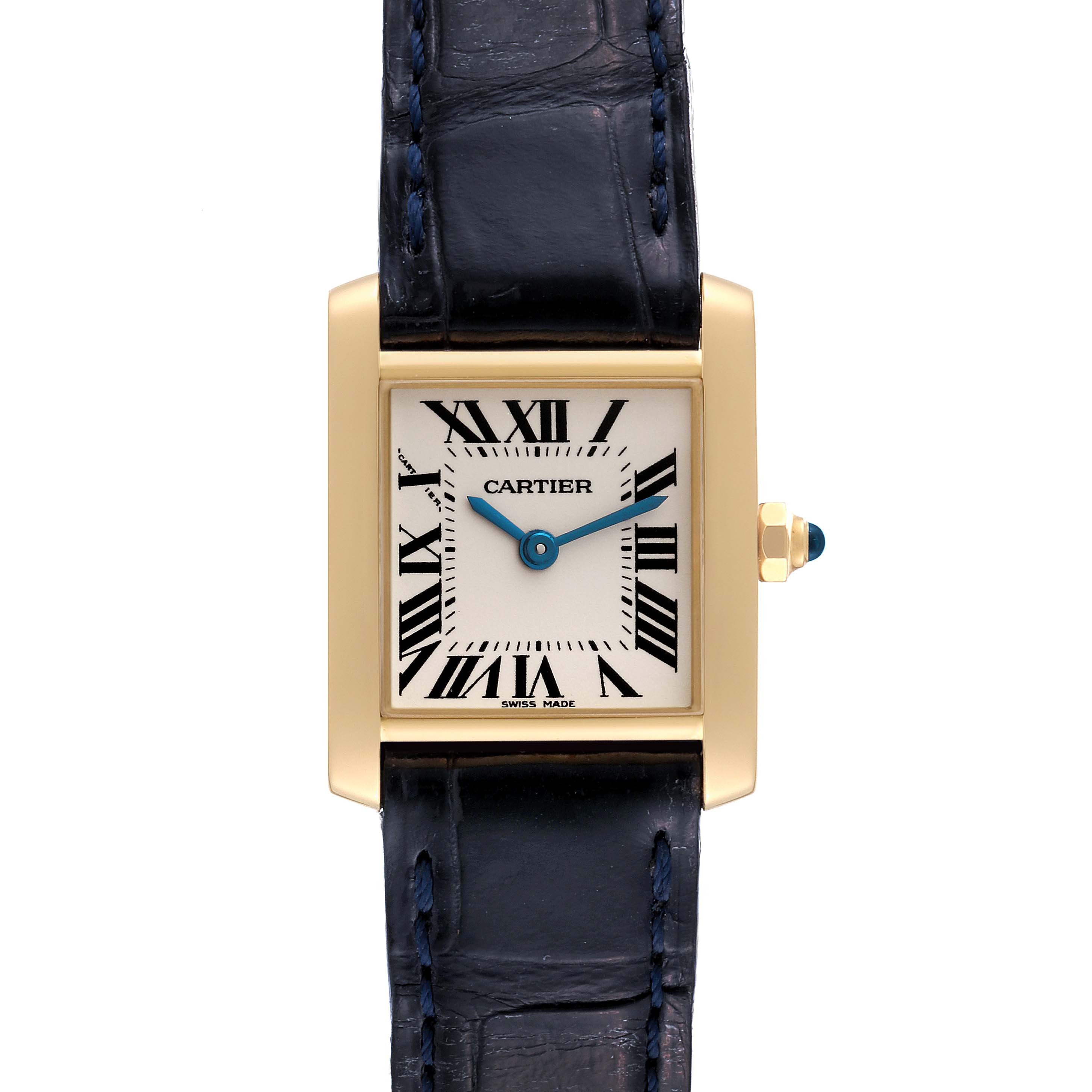This image shows a front view of the Cartier Tank Francaise W5000256 Women
s Yellow Gold Silver Dial W5000256 Women
s Yellow Gold Silver Dial watch, highlighting its rectangular case, roman numeral dial, and blue strap.