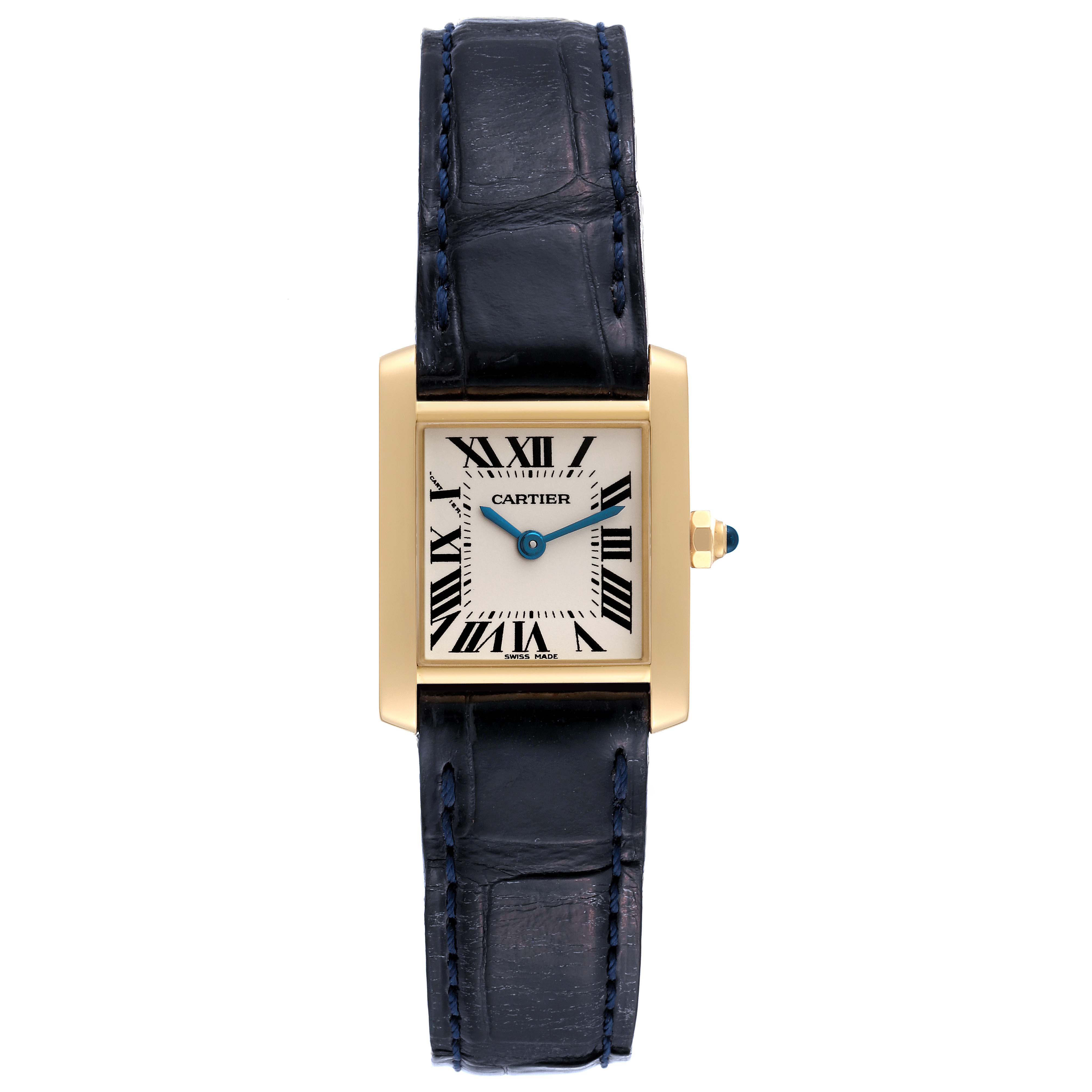 This Cartier Tank Francaise W5000256 Women
s Yellow Gold Silver Dial W5000256 Women
s Yellow Gold Silver Dial watch is shown from the front, featuring a gold case, Roman numeral dial, and black leather strap.