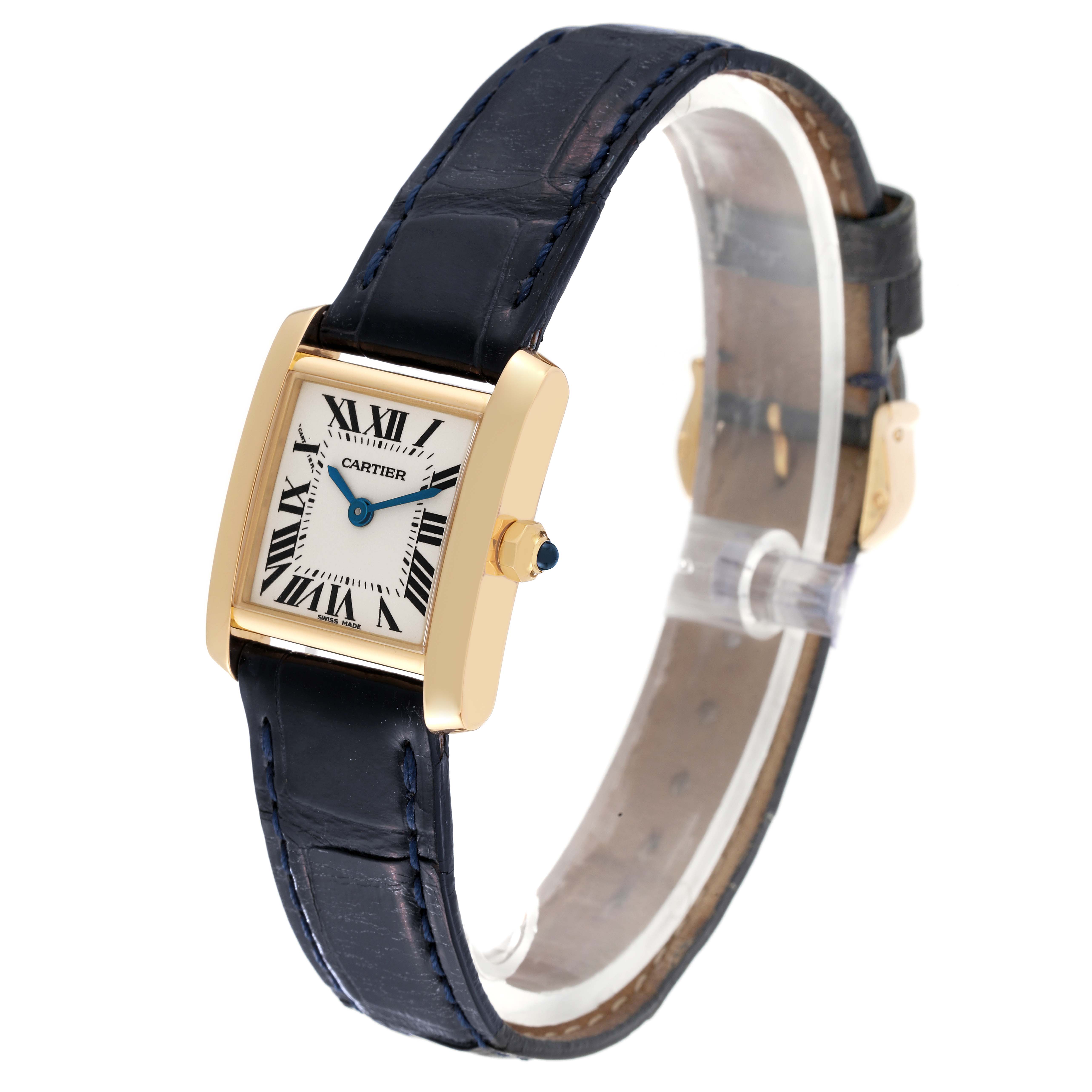 The image shows a Cartier Tank Francaise W5000256 Women
s Yellow Gold Silver Dial W5000256 Women
s Yellow Gold Silver Dial watch at a side angle, highlighting its rectangular dial, gold case, and leather strap.