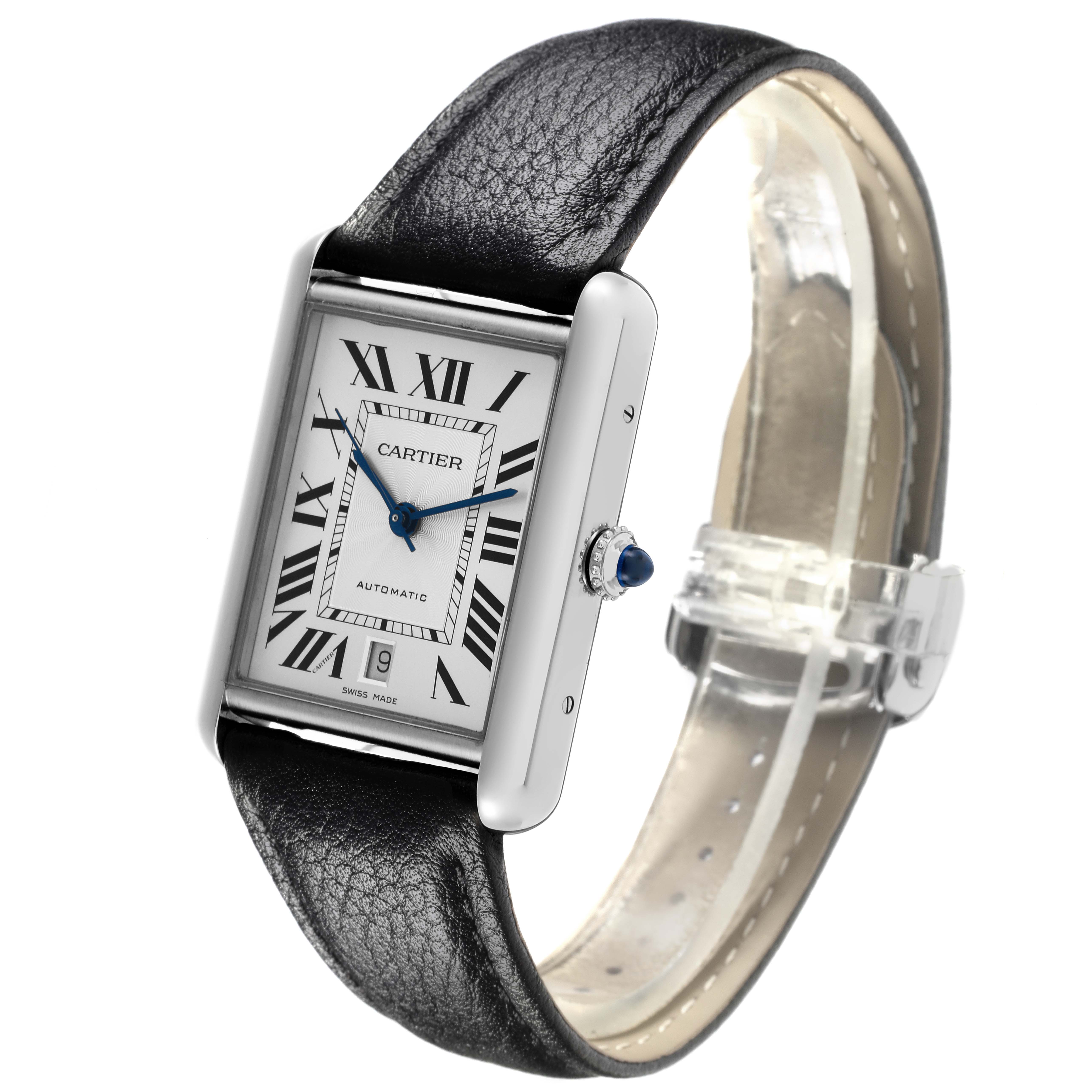 The Cartier Tank Must WSTA0040 Men's Stainless Steel Silver Dial WSTA0040 Men's Stainless Steel Silver Dial watch is shown at a side angle highlighting its face, leather strap, and crown.