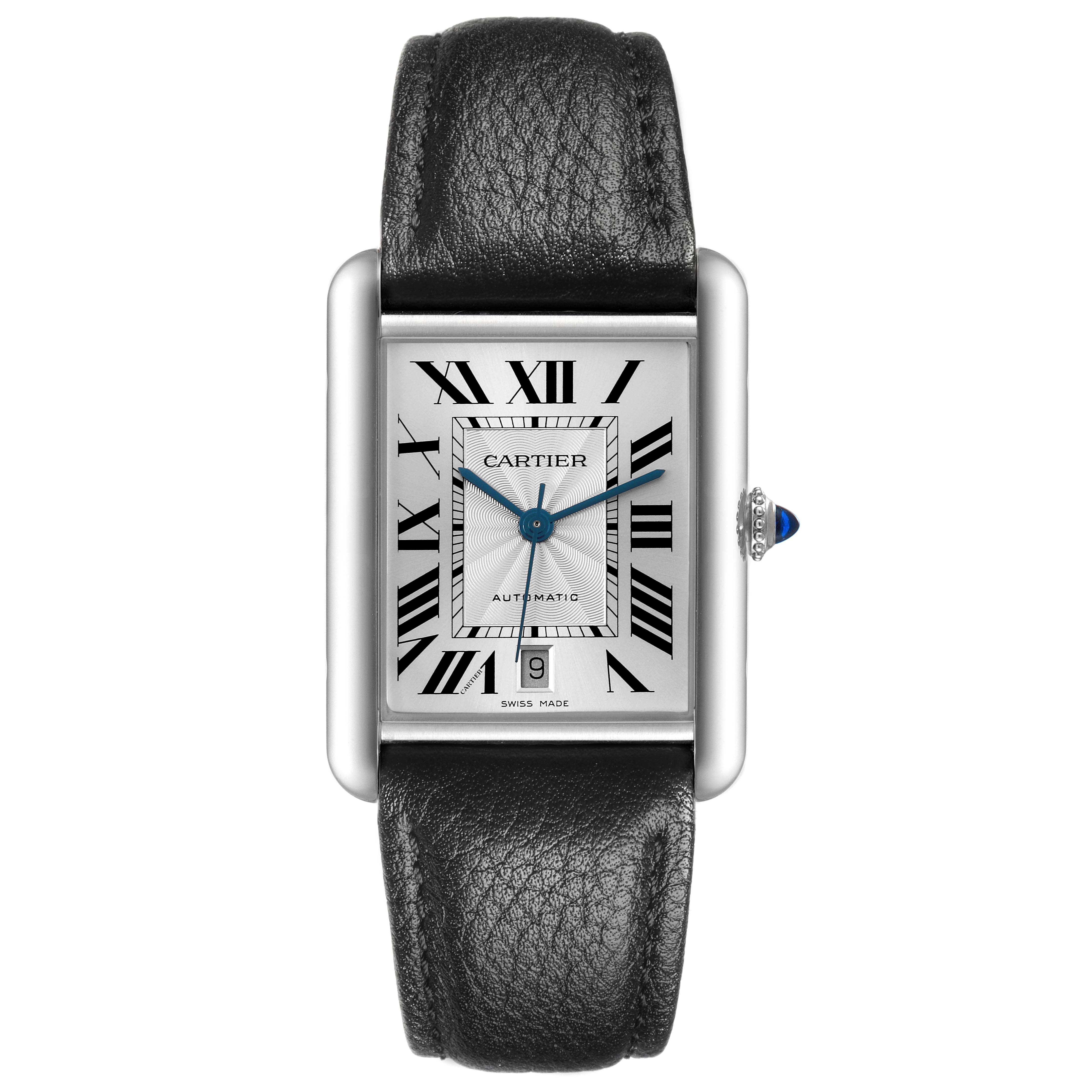 The Cartier Tank Must WSTA0040 Men's Stainless Steel Silver Dial WSTA0040 Men's Stainless Steel Silver Dial watch is shown from a front angle, highlighting its rectangular dial, black leather strap, and blue hands.