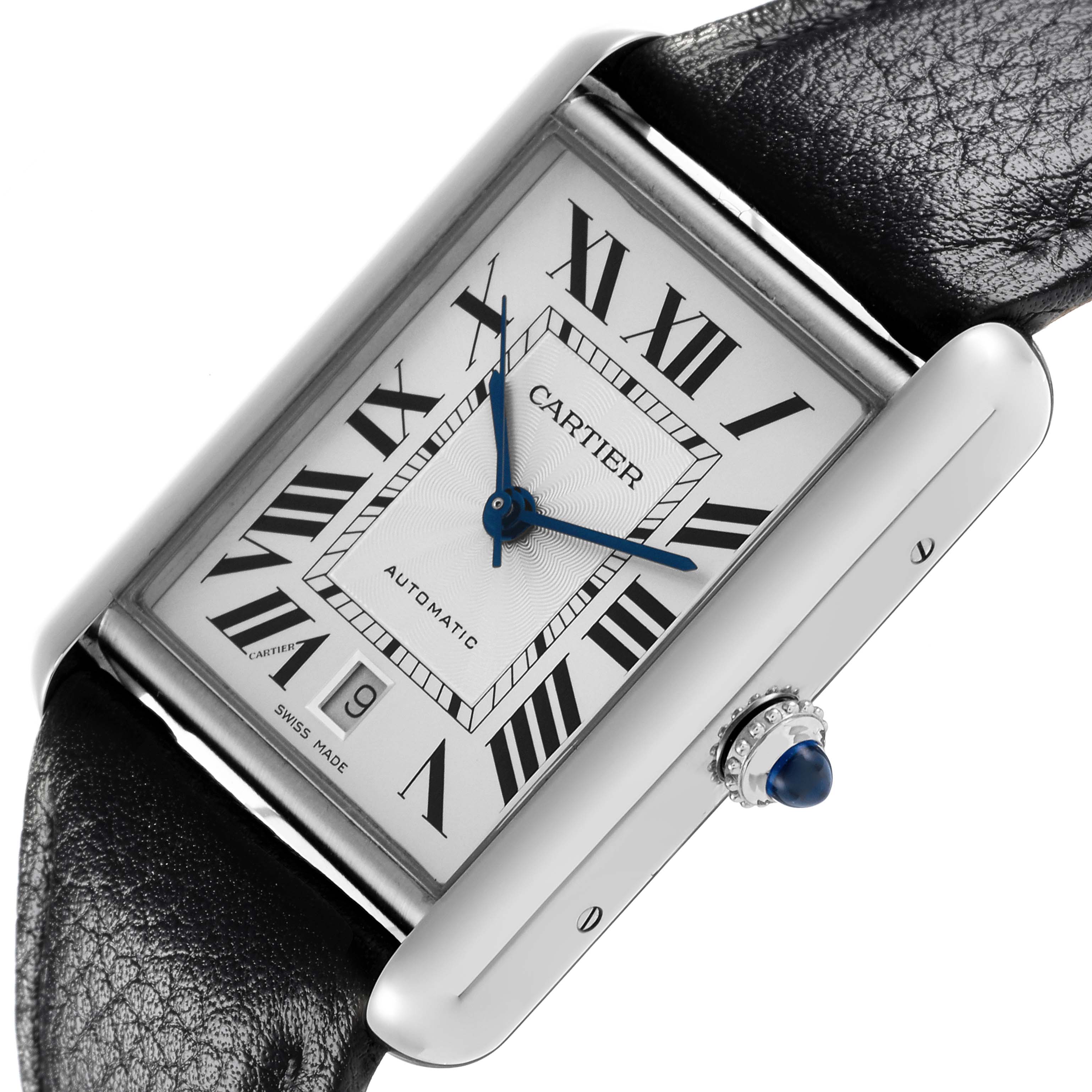 The Cartier Tank Must WSTA0040 Men's Stainless Steel Silver Dial WSTA0040 Men's Stainless Steel Silver Dial watch is shown at an angled close-up, displaying its face, Roman numerals, crown, and black leather strap.