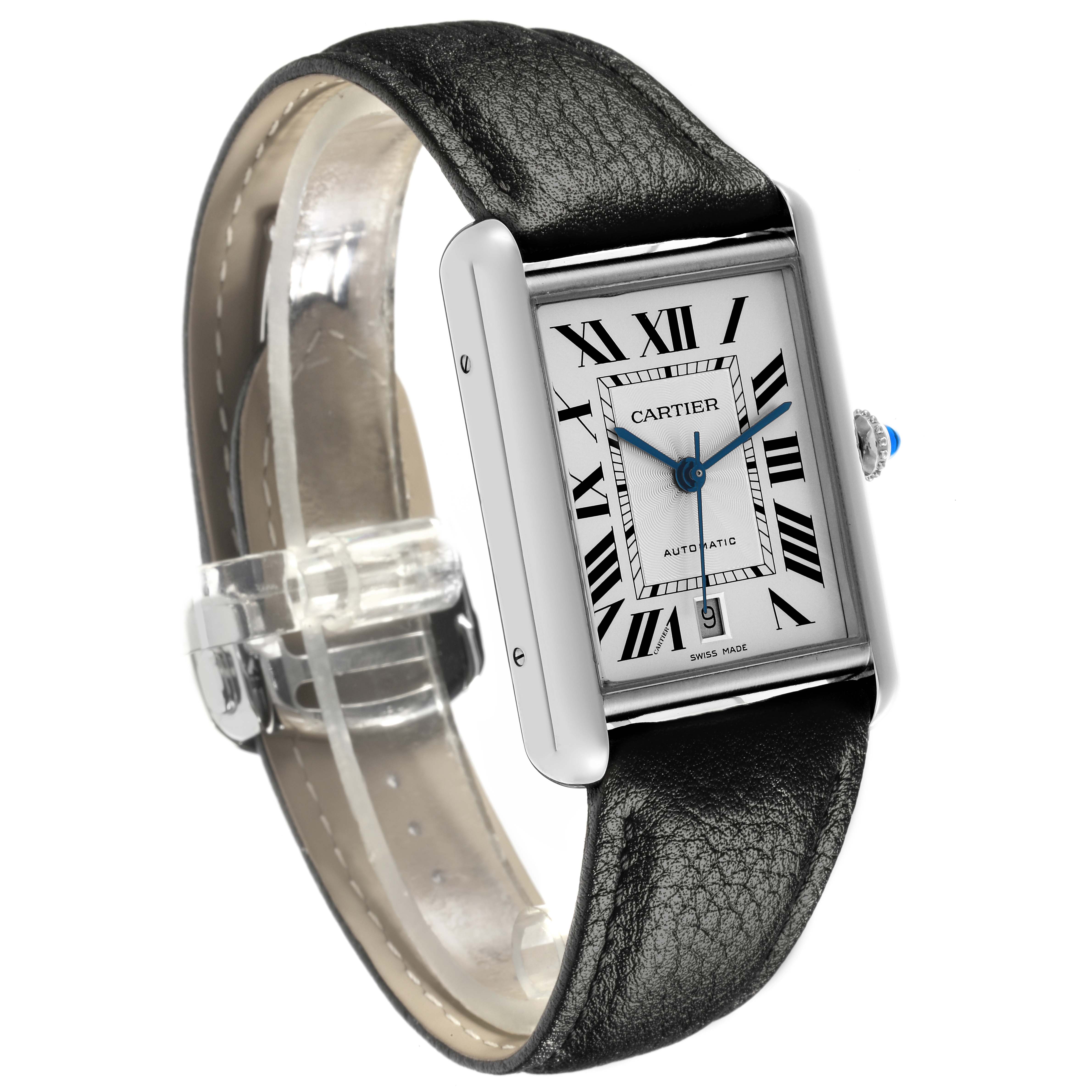 This image shows the Cartier Tank Must WSTA0040 Men's Stainless Steel Silver Dial WSTA0040 Men's Stainless Steel Silver Dial watch from a front-left angle, highlighting the face, blue hands, and black leather strap.