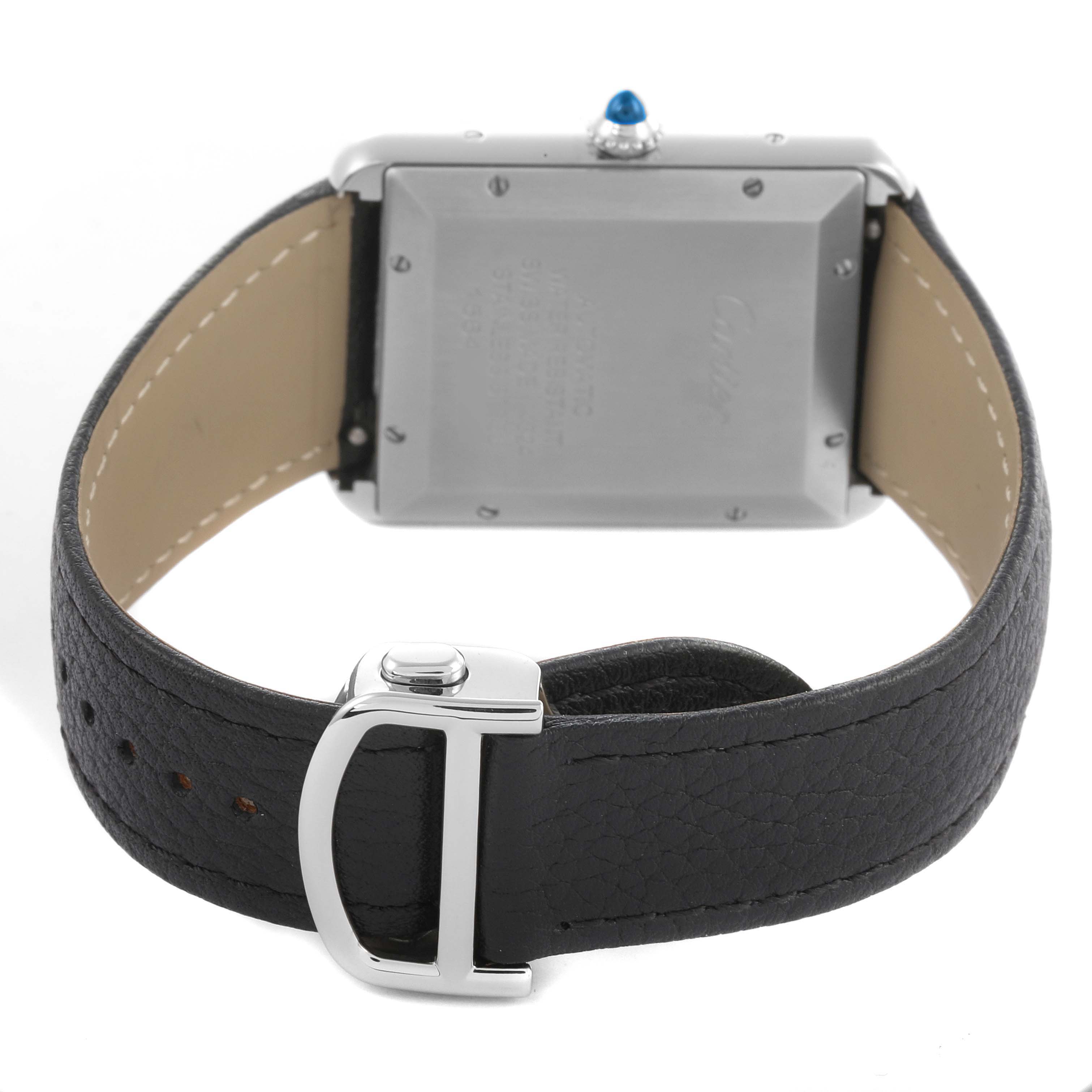 The Cartier Tank Must WSTA0040 Men's Stainless Steel Silver Dial WSTA0040 Men's Stainless Steel Silver Dial watch is shown from the back, highlighting the strap and buckle.