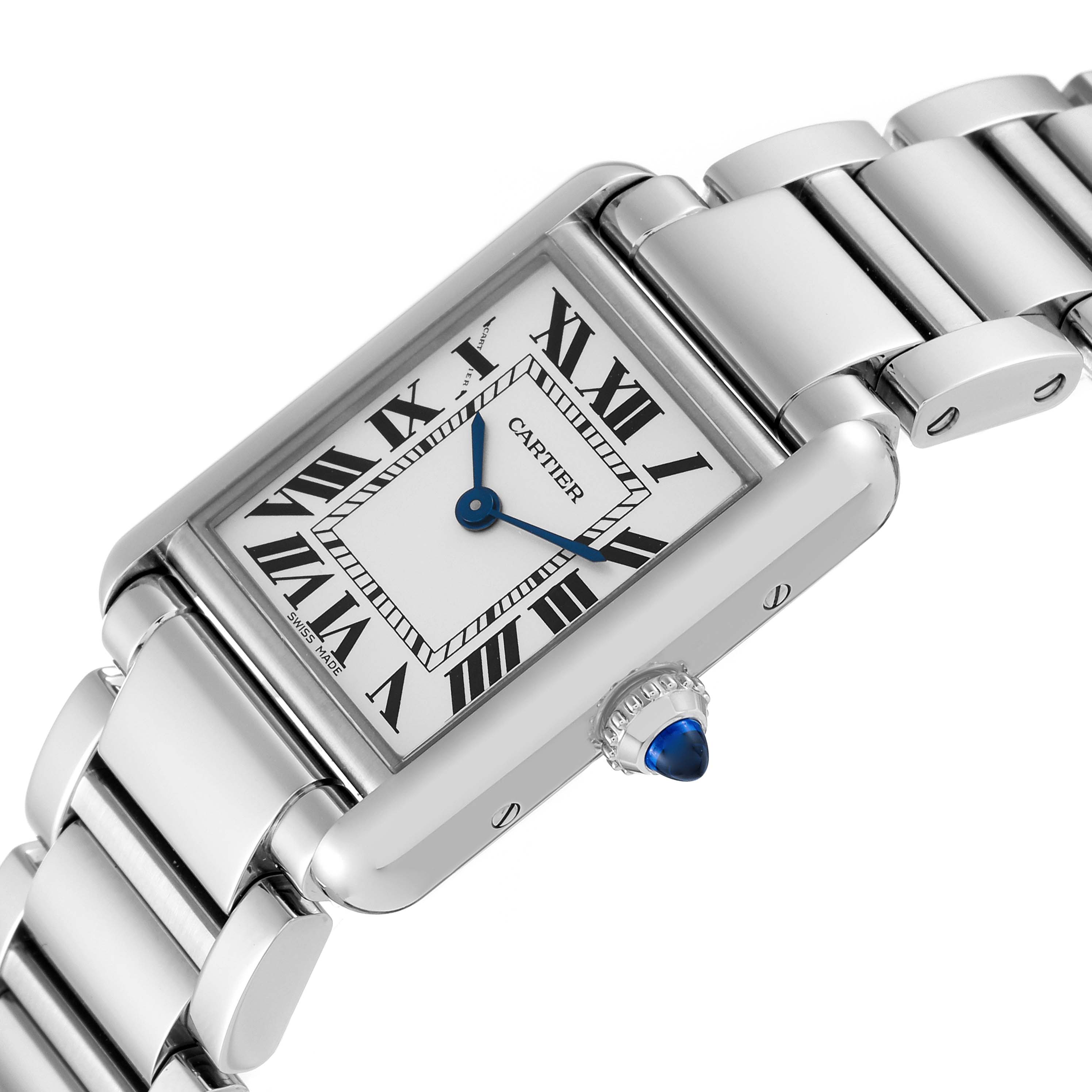 The image displays a side view of a Tank Must model by Cartier, showcasing its face, crown, and bracelet.