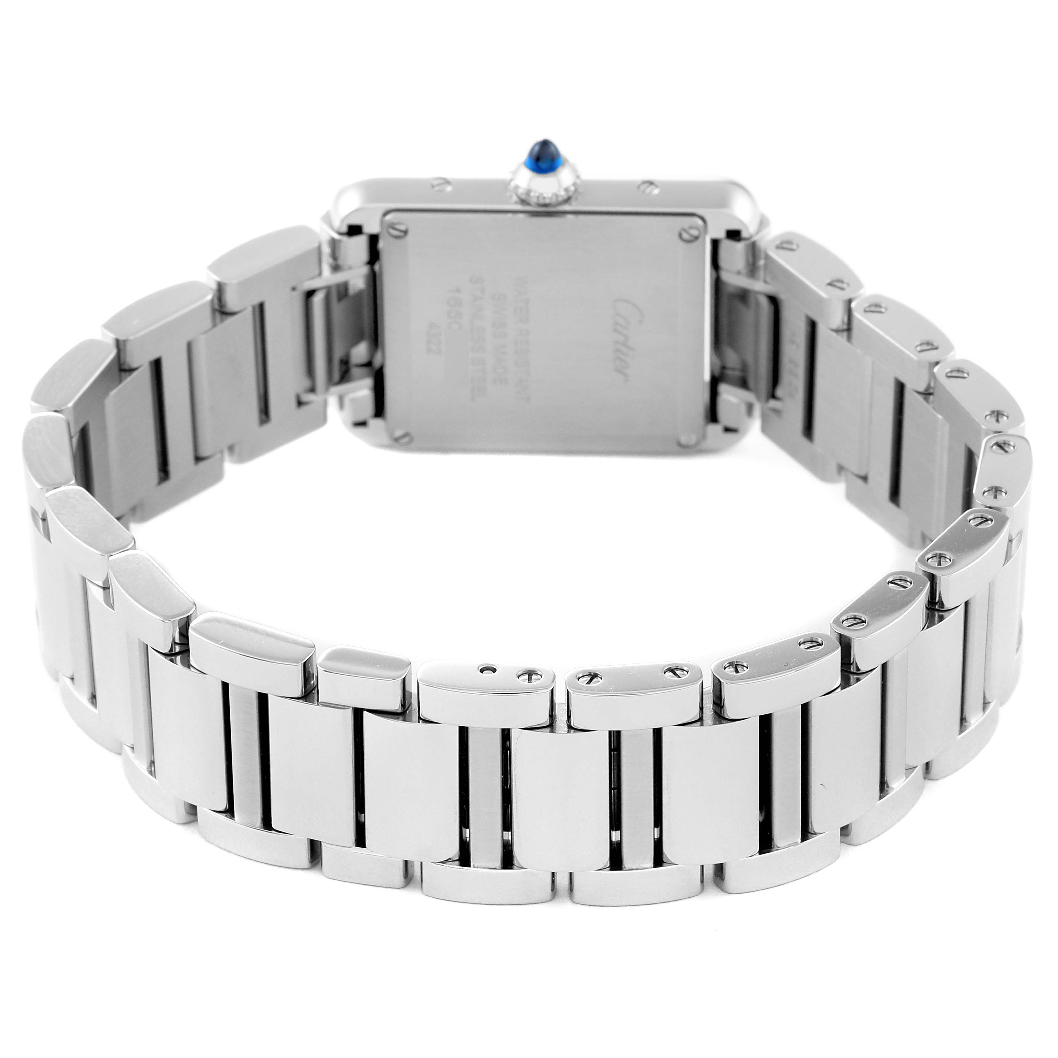 This image shows the back and bracelet of the Cartier Tank Must WSTA0051 Women
s Stainless Steel Silver Dial WSTA0051 Women
s Stainless Steel Silver Dial watch, including the clasp and crown with a gemstone.