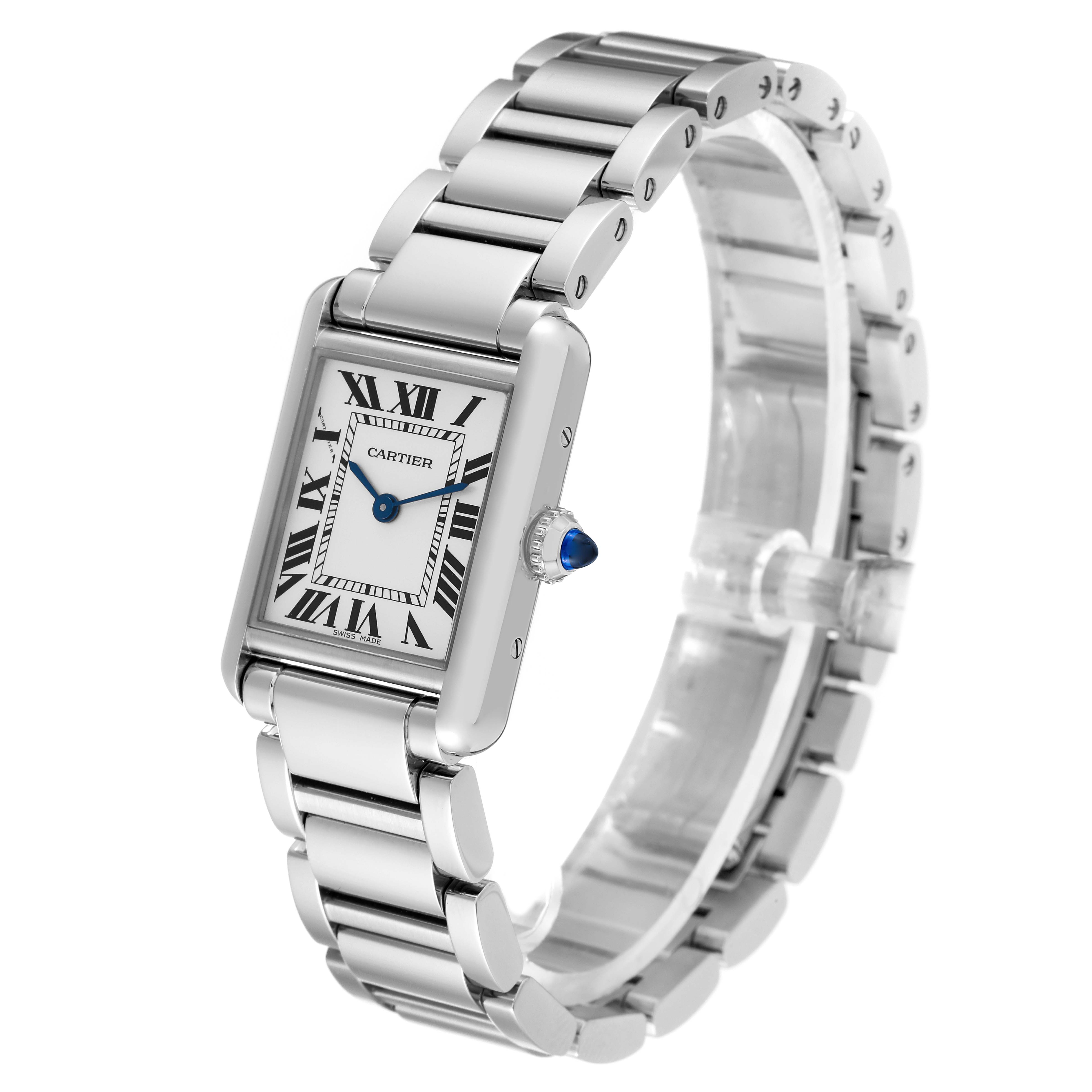 The image displays a Cartier Tank Must WSTA0051 Women
s Stainless Steel Silver Dial WSTA0051 Women
s Stainless Steel Silver Dial watch at a slight angle, showcasing its dial, Roman numerals, and bracelet.