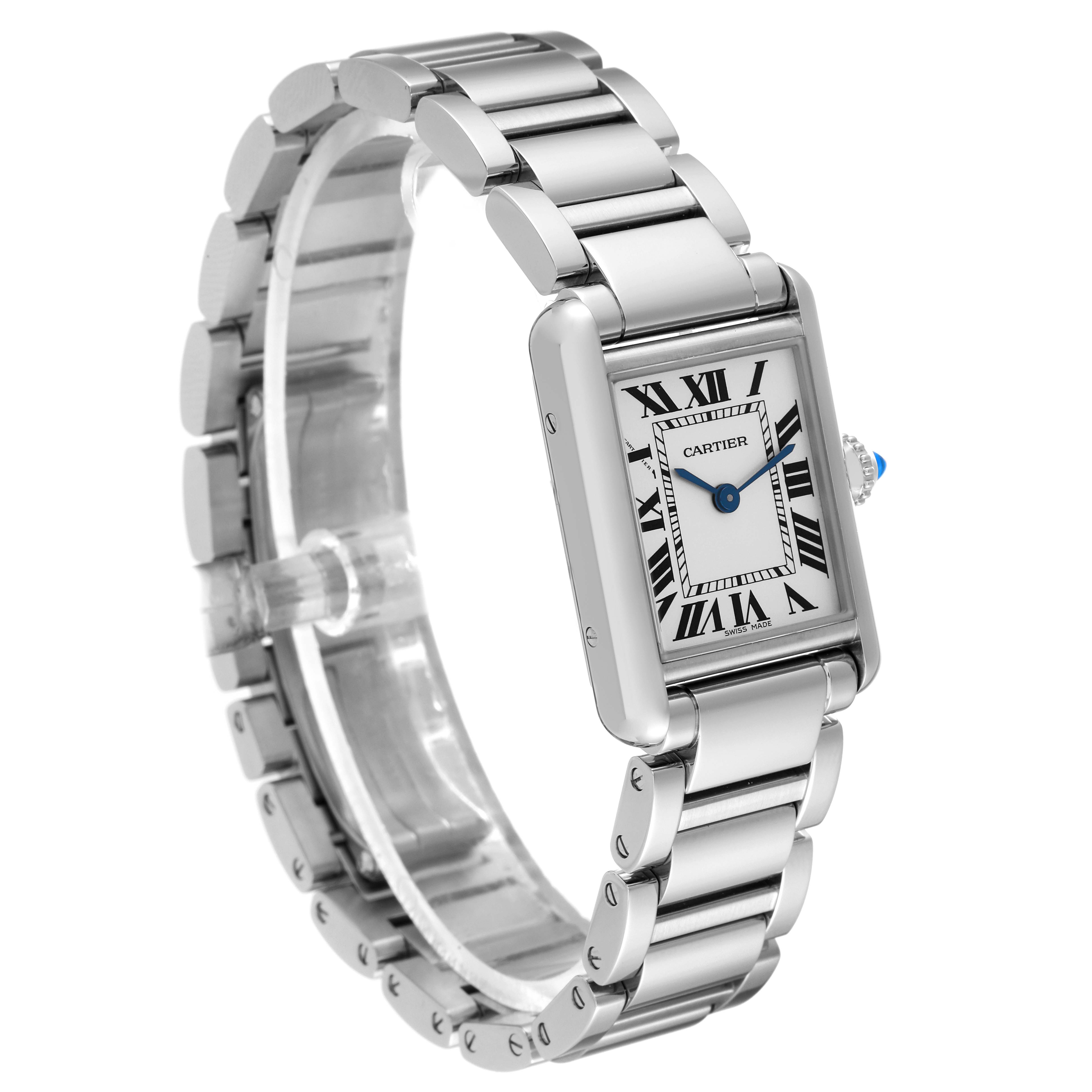 The Cartier Tank Must WSTA0051 Women
s Stainless Steel Silver Dial WSTA0051 Women
s Stainless Steel Silver Dial watch is shown at a three-quarter angle, displaying its rectangular face, Roman numerals, and metal bracelet.