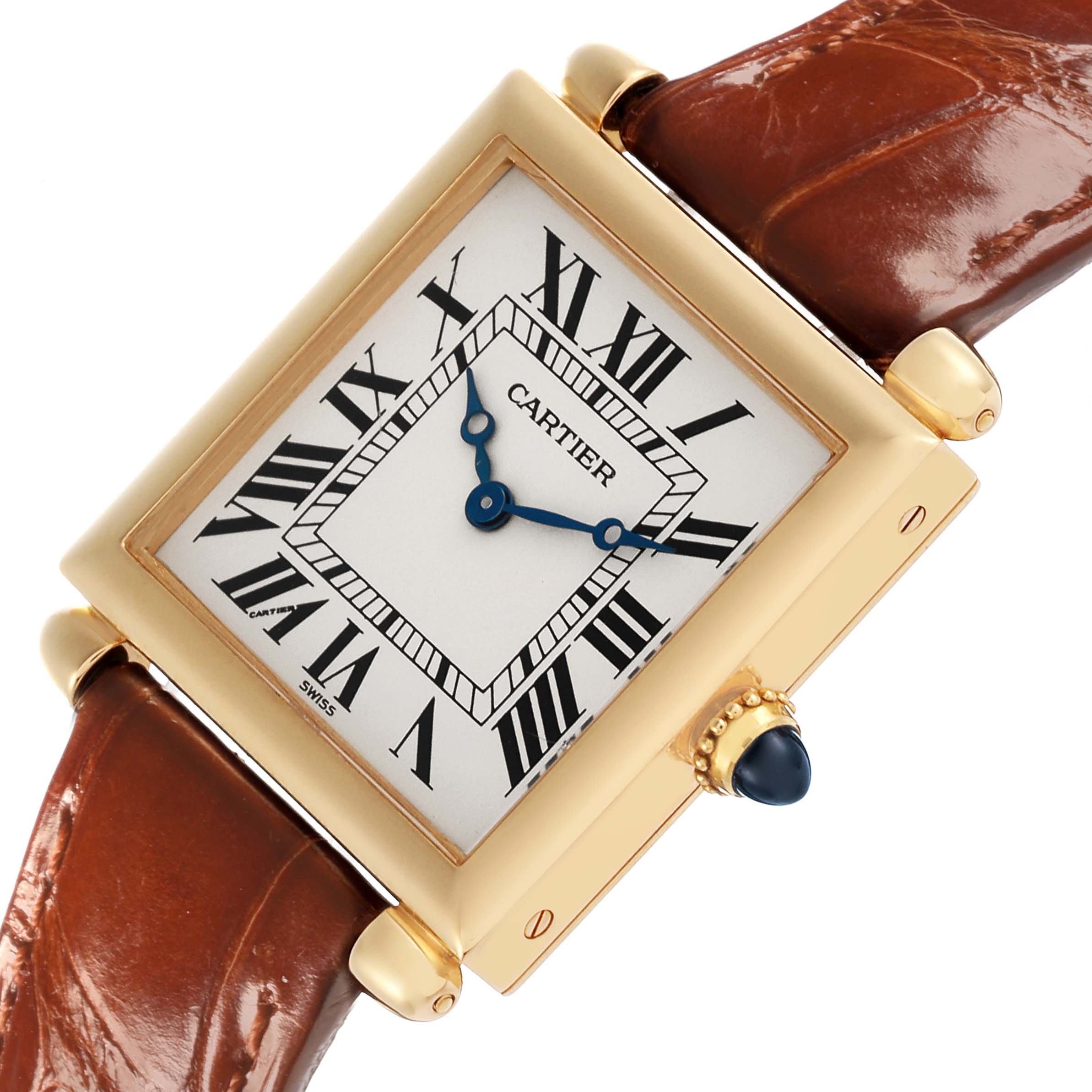 The Cartier Tank Obus W1512256 Women
s Yellow Gold Silver Dial W1512256 Women
s Yellow Gold Silver Dial watch is shown at an angled view, featuring its face, crown, and part of the leather strap.