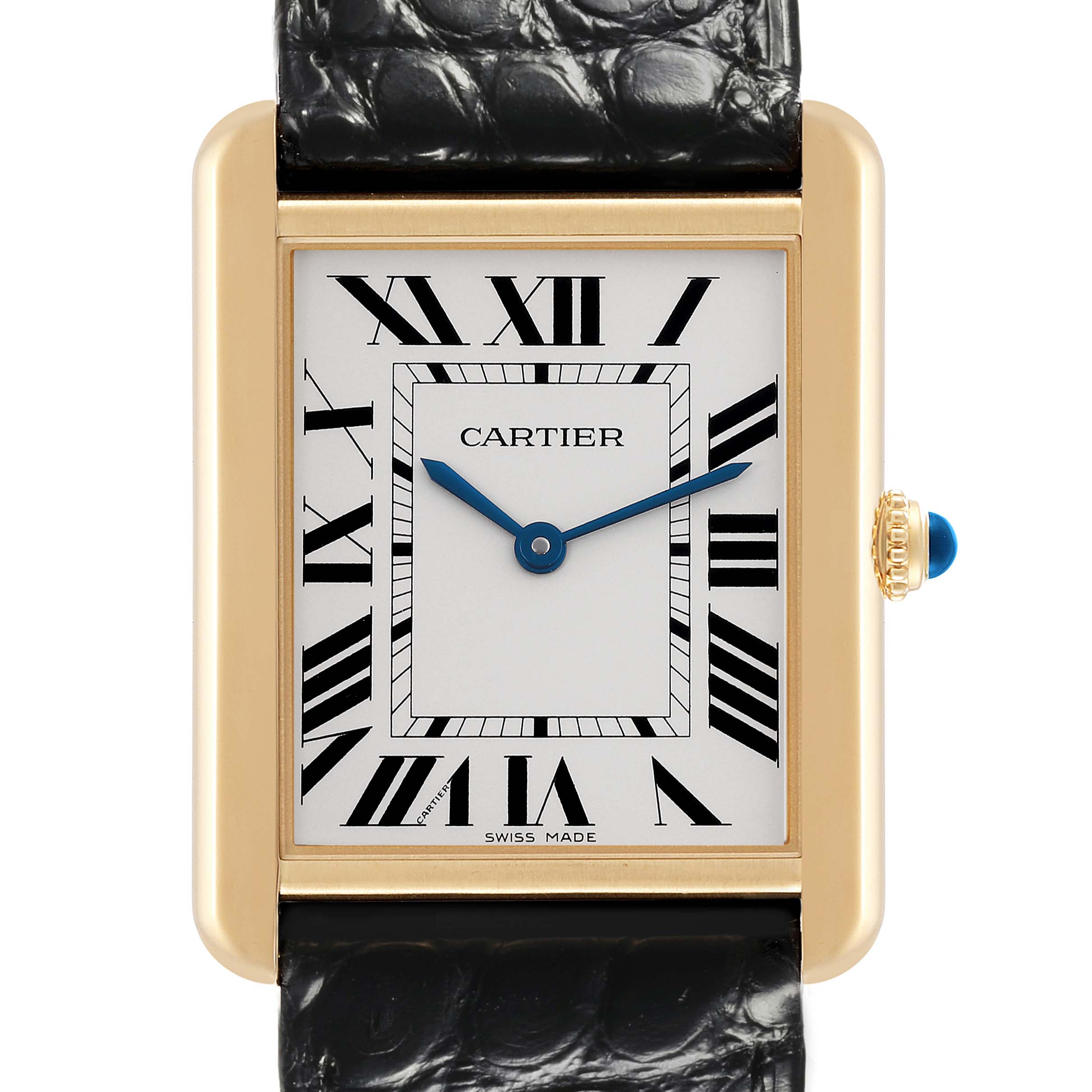 The Cartier Tank Solo W5200004 Men's Yellow Gold Silver Dial W5200004 Men's Yellow Gold Silver Dial watch is shown from a front angle, featuring its face, case, and part of the leather strap.