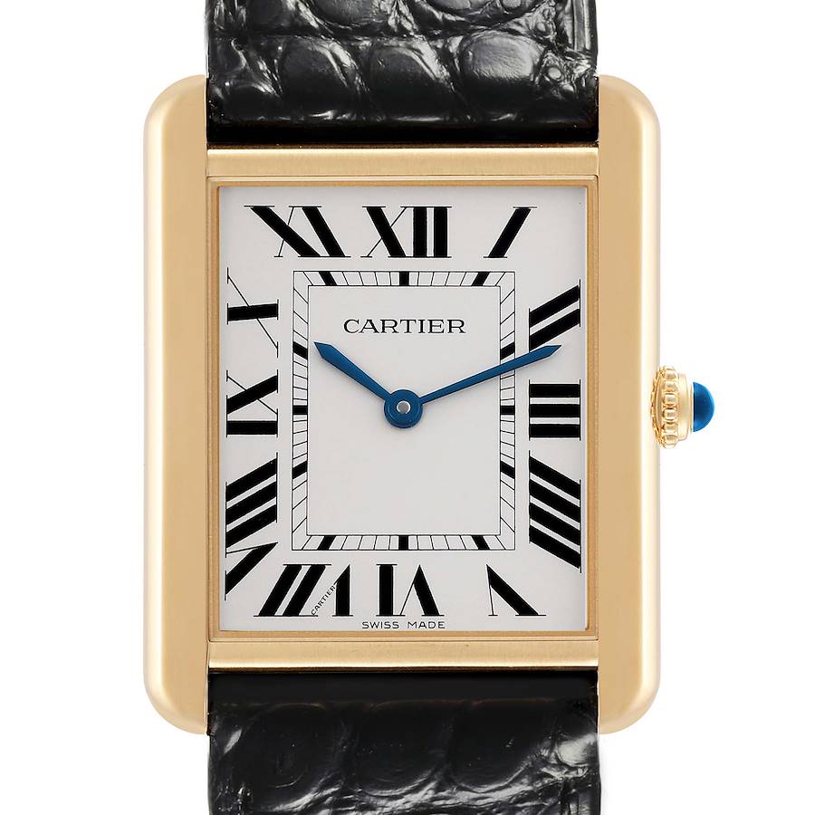 The Cartier Tank Solo watch is shown from a front angle, featuring its face, case, and part of the leather strap.