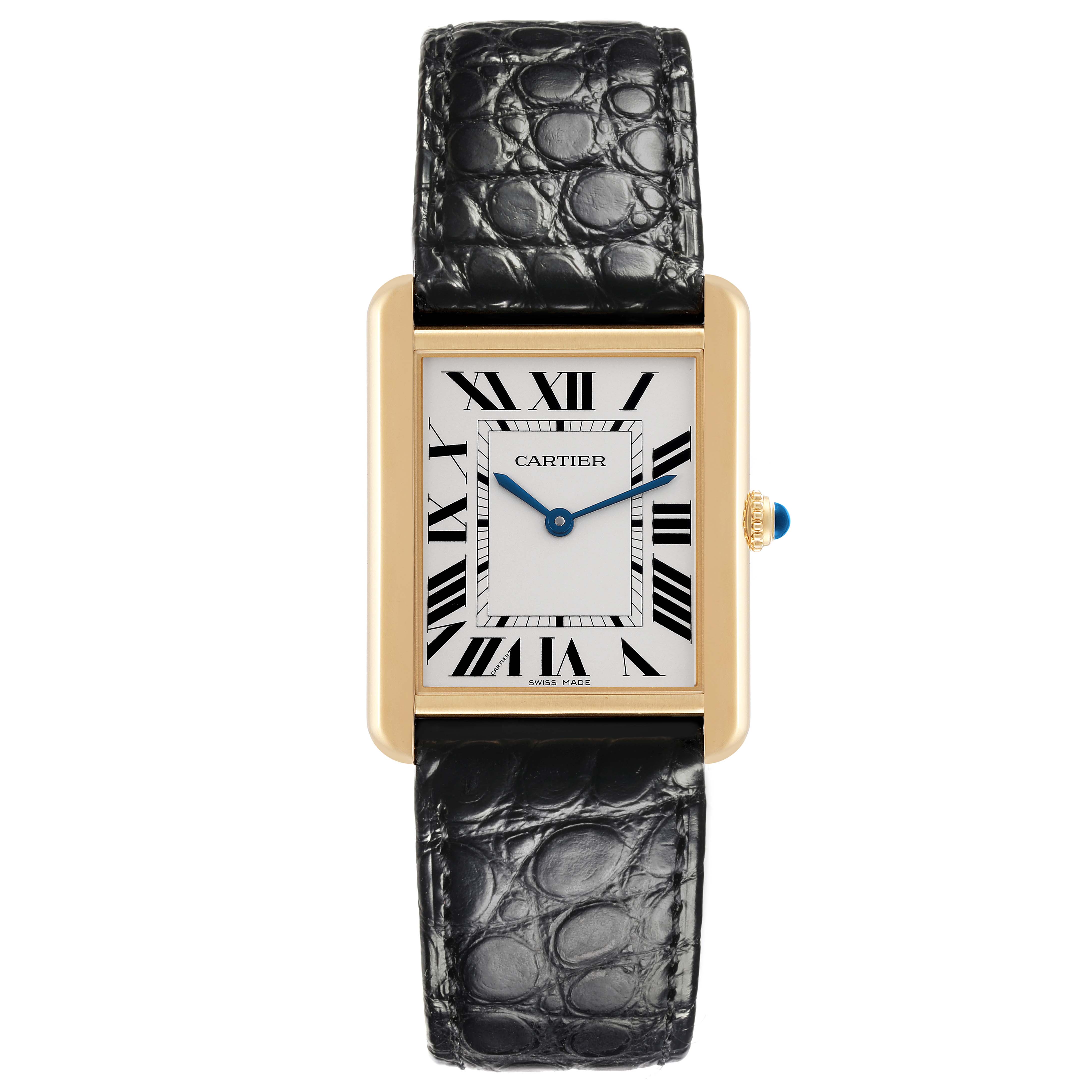 The Cartier Tank Solo W5200004 Men's Yellow Gold Silver Dial W5200004 Men's Yellow Gold Silver Dial watch is shown from the front, displaying its face, Roman numerals, and leather strap.