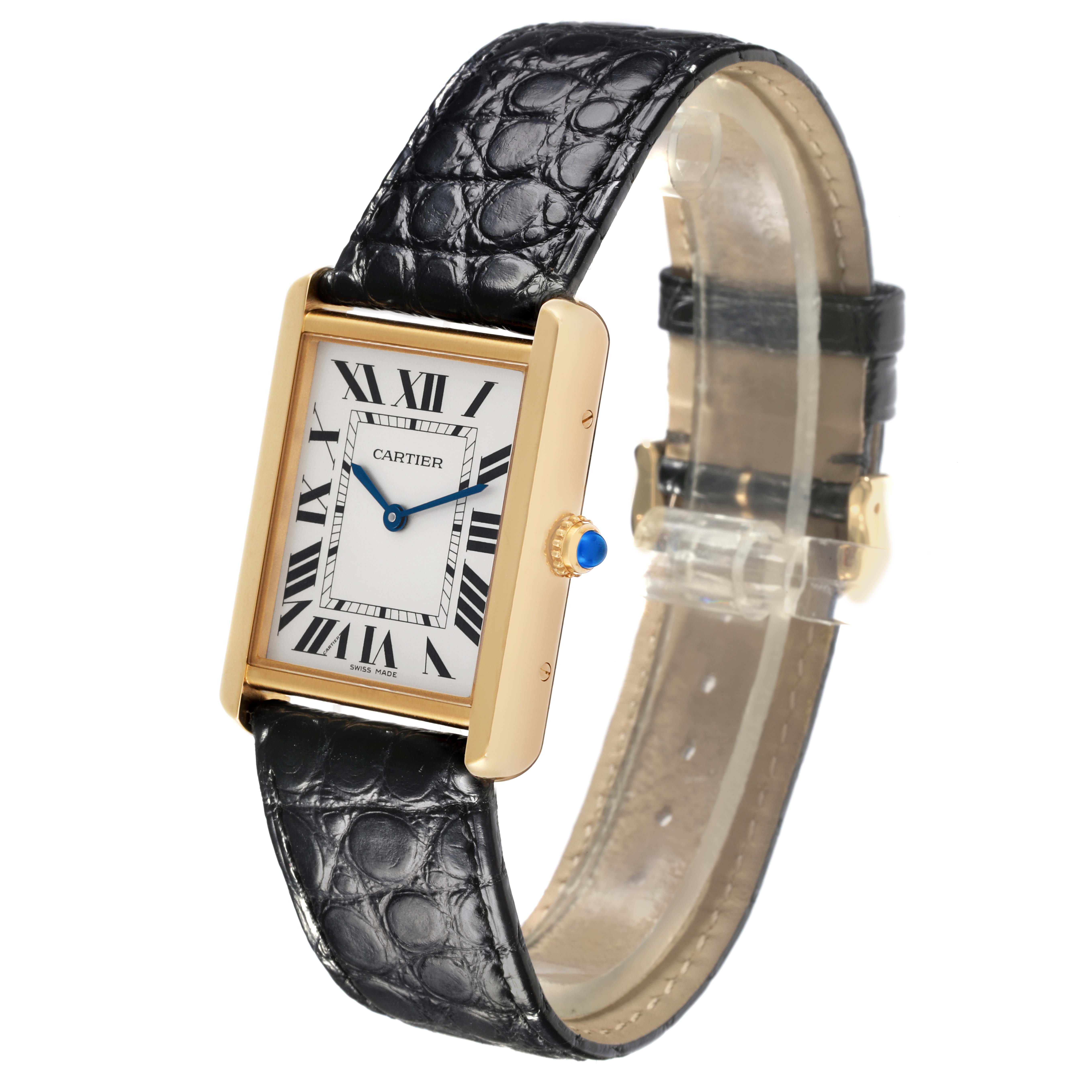 The Cartier Tank Solo W5200004 Men's Yellow Gold Silver Dial W5200004 Men's Yellow Gold Silver Dial watch is shown at a slight angle, displaying the face, crown, and black leather strap.