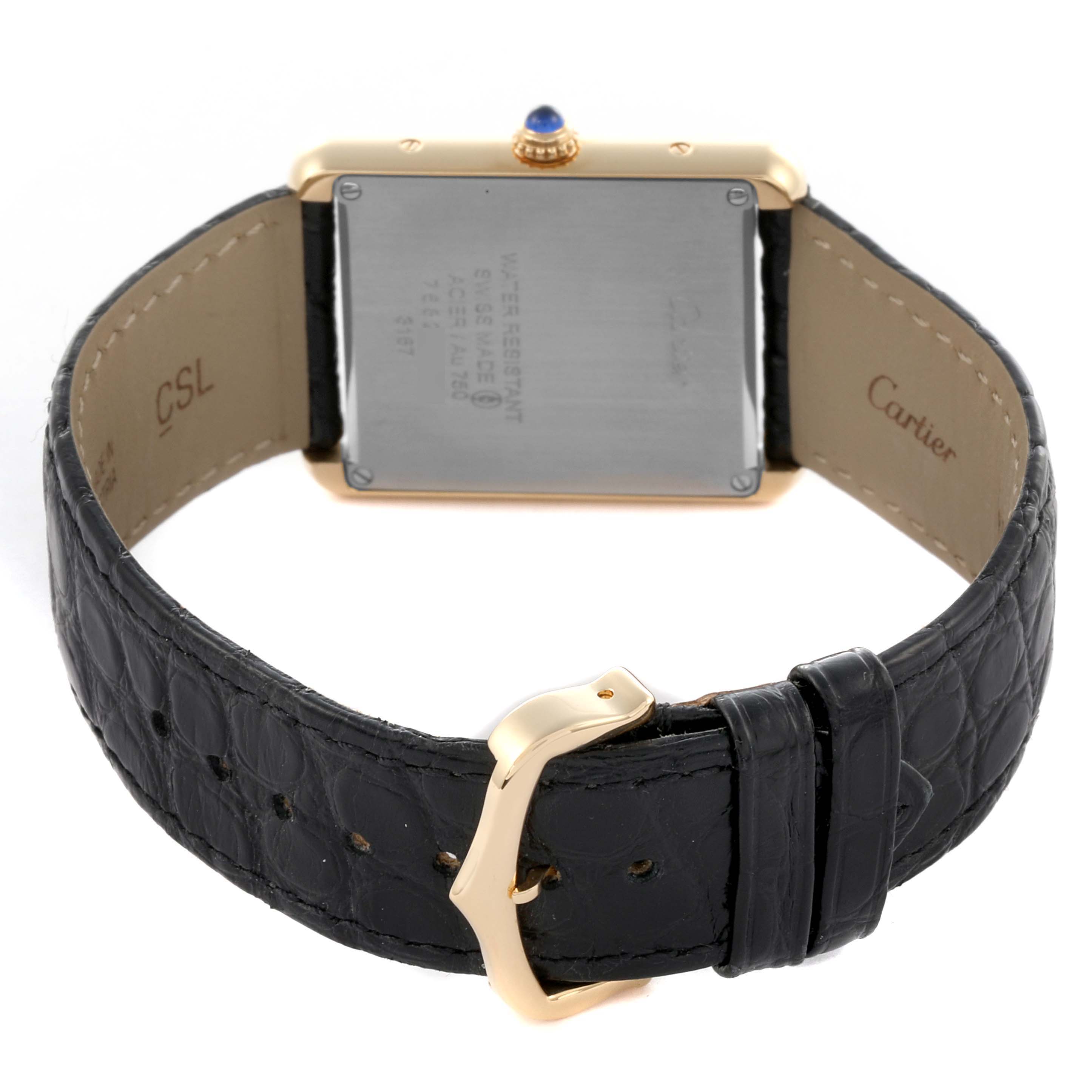 The image shows the back and strap of the Cartier Tank Solo W5200004 Men's Yellow Gold Silver Dial W5200004 Men's Yellow Gold Silver Dial watch, featuring a visible buckle and case back inscriptions.