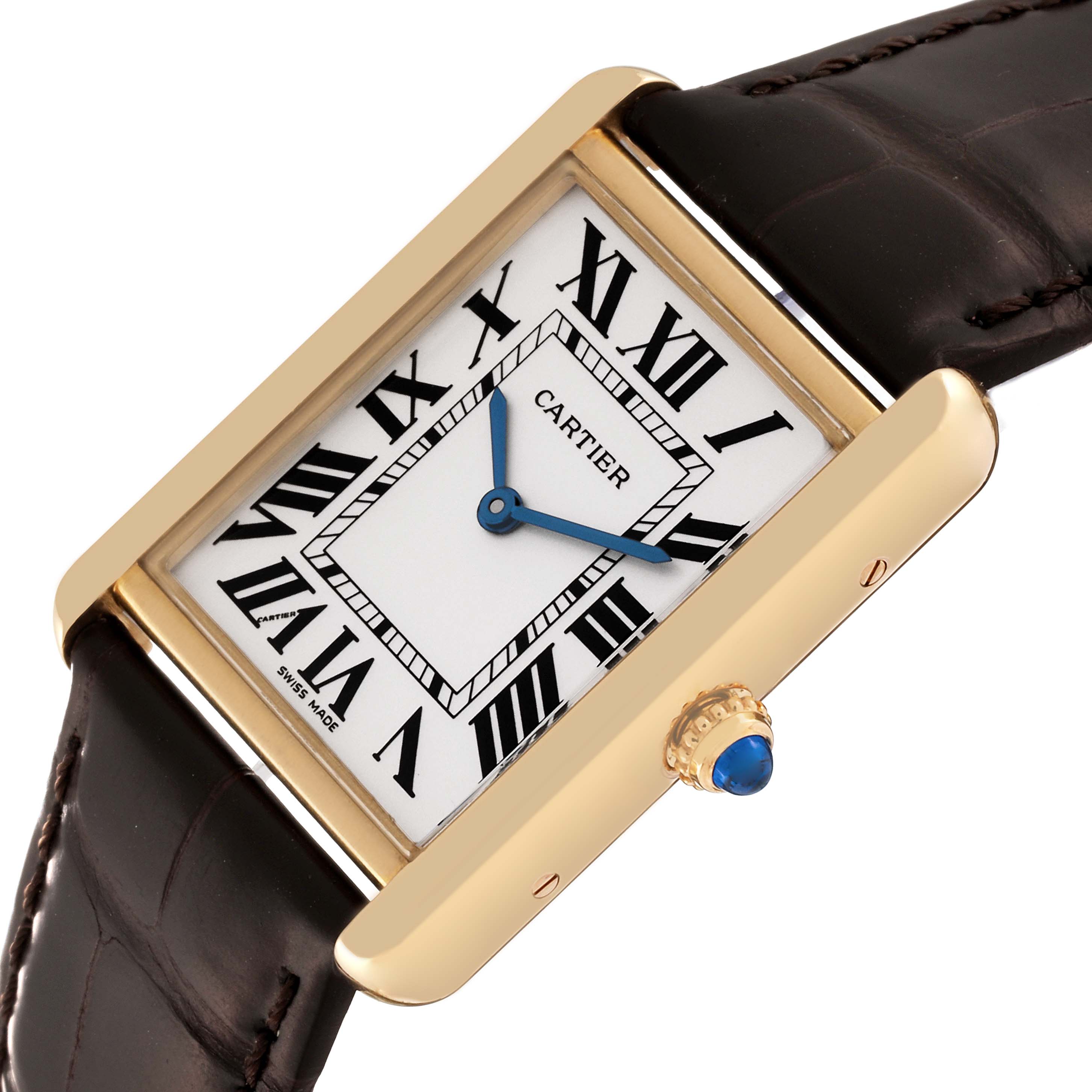 This image shows a Cartier Tank Solo W5200004 Men's Steel and Gold (two tone) Blue Dial W5200004 Men's Steel and Gold (two tone) Blue Dial watch from a slight angle, highlighting the face, bezel, crown, and leather strap.