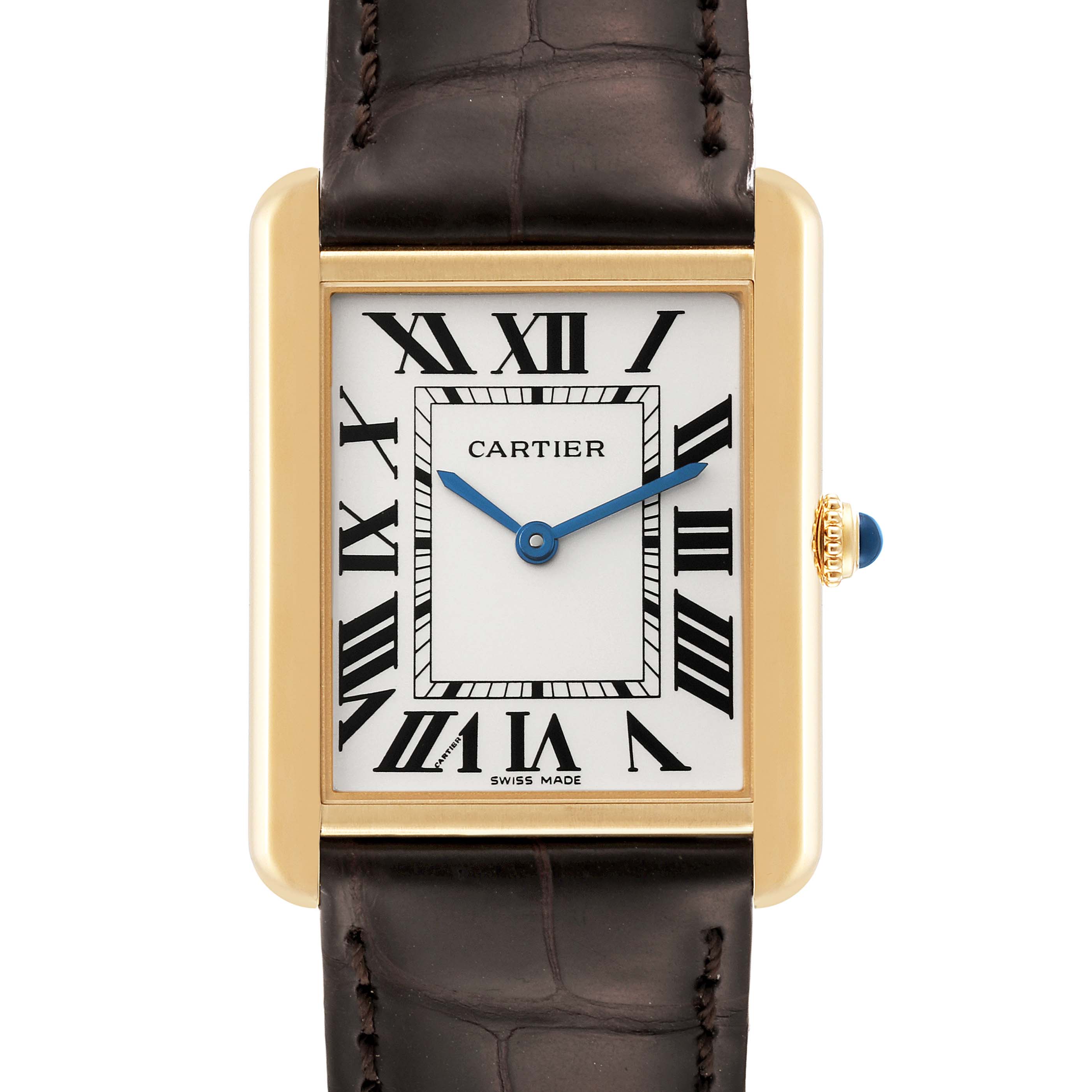 The image shows a front view of the Cartier Tank Solo W5200004 Men's Steel and Gold (two tone) Blue Dial W5200004 Men's Steel and Gold (two tone) Blue Dial watch, featuring its rectangular face, Roman numerals, and leather strap.