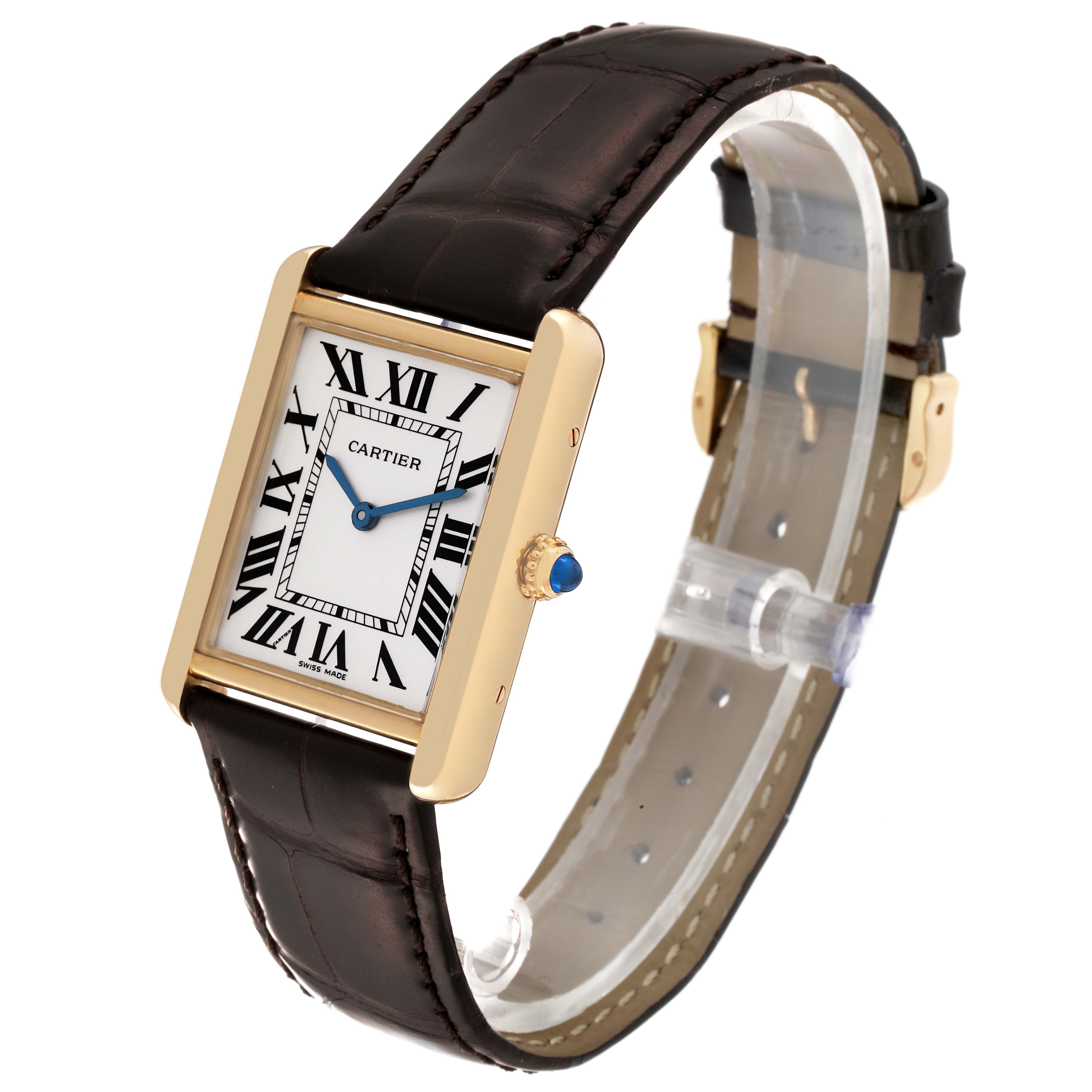 The image shows a Cartier Tank Solo W5200004 Men's Steel and Gold (two tone) Blue Dial W5200004 Men's Steel and Gold (two tone) Blue Dial watch at a slight angle, highlighting its face, case, crown, and leather strap.