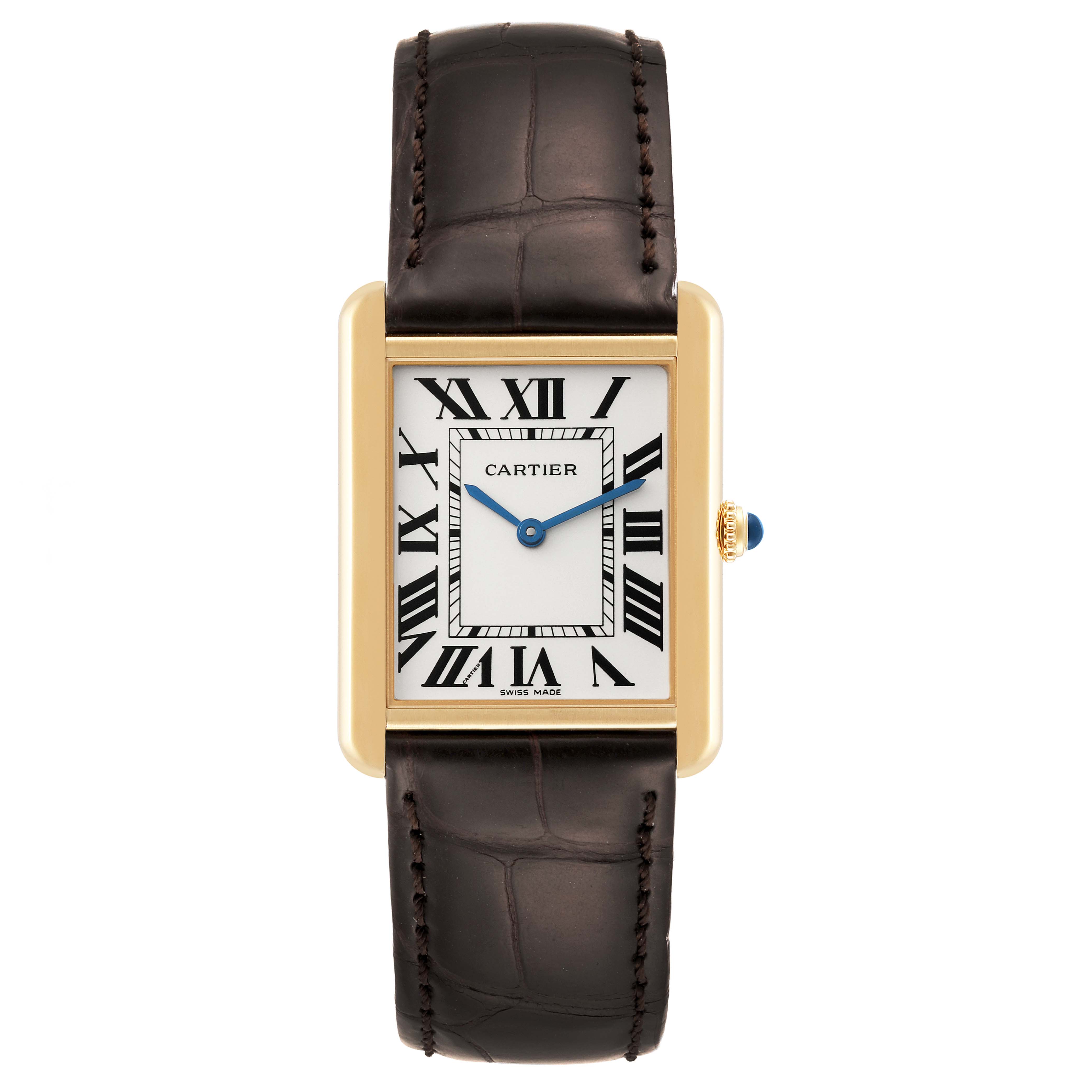 The image shows a front view of the Cartier Tank Solo W5200004 Men's Steel and Gold (two tone) Blue Dial W5200004 Men's Steel and Gold (two tone) Blue Dial watch, featuring a leather strap and rectangular dial.