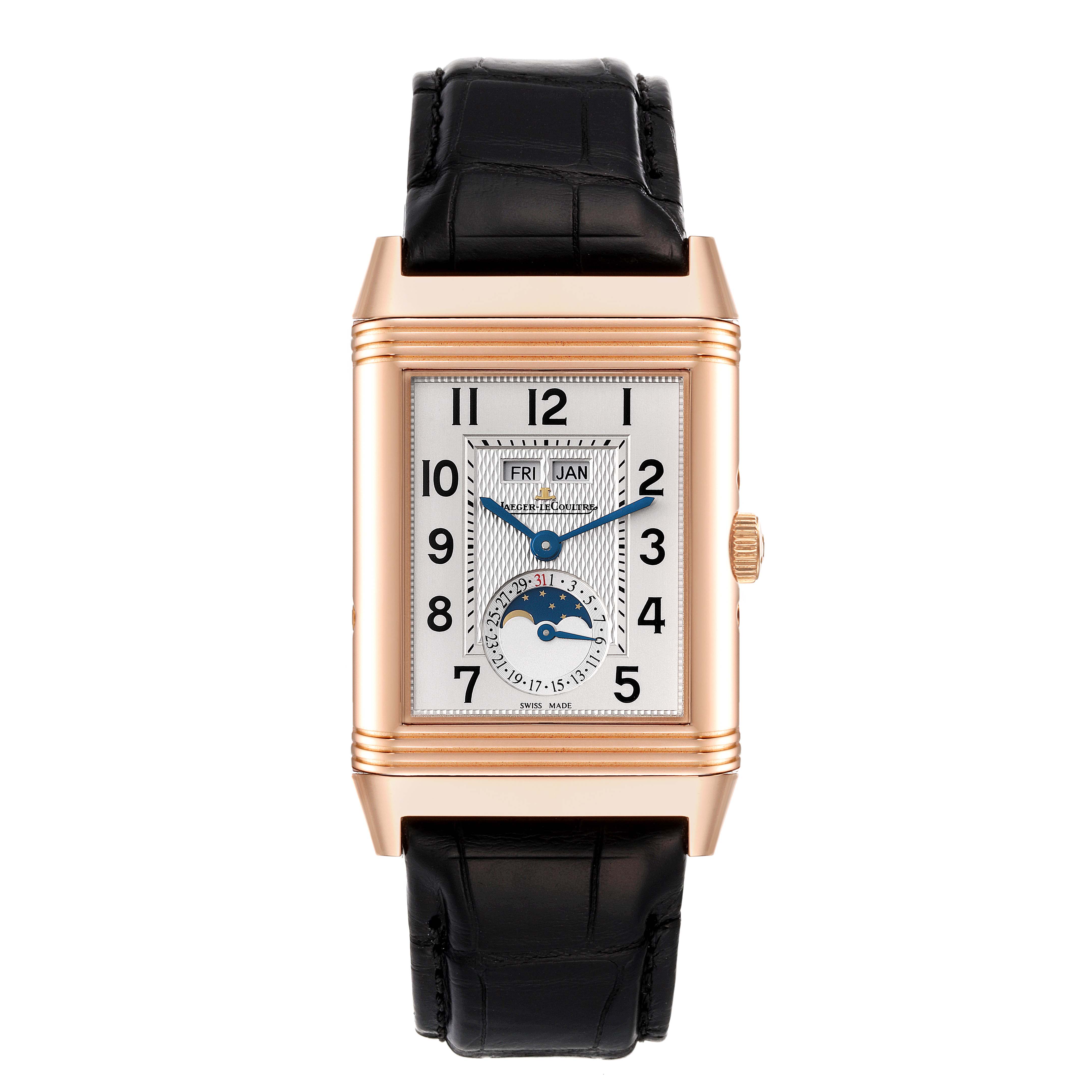 The image shows a frontal view of a Jaeger LeCoultre Reverso Q3752520 Men's Rose Gold Silver Dial Q3752520 Men's Rose Gold Silver Dial, displaying its dial, strap, and crown.