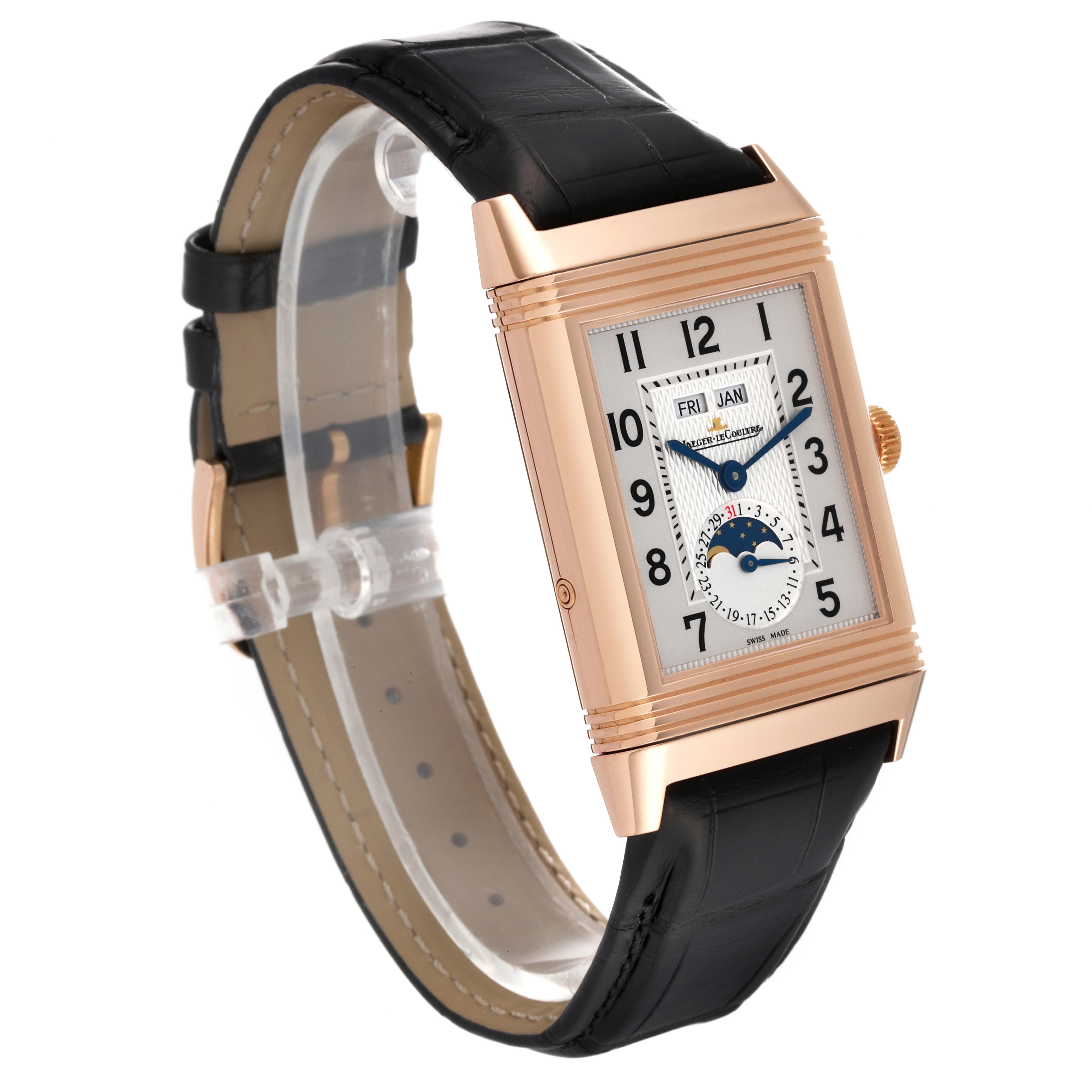 The Jaeger LeCoultre Reverso Q3752520 Men's Rose Gold Silver Dial Q3752520 Men's Rose Gold Silver Dial watch is shown from a three-quarter angle, highlighting the strap, crown, and front dial.