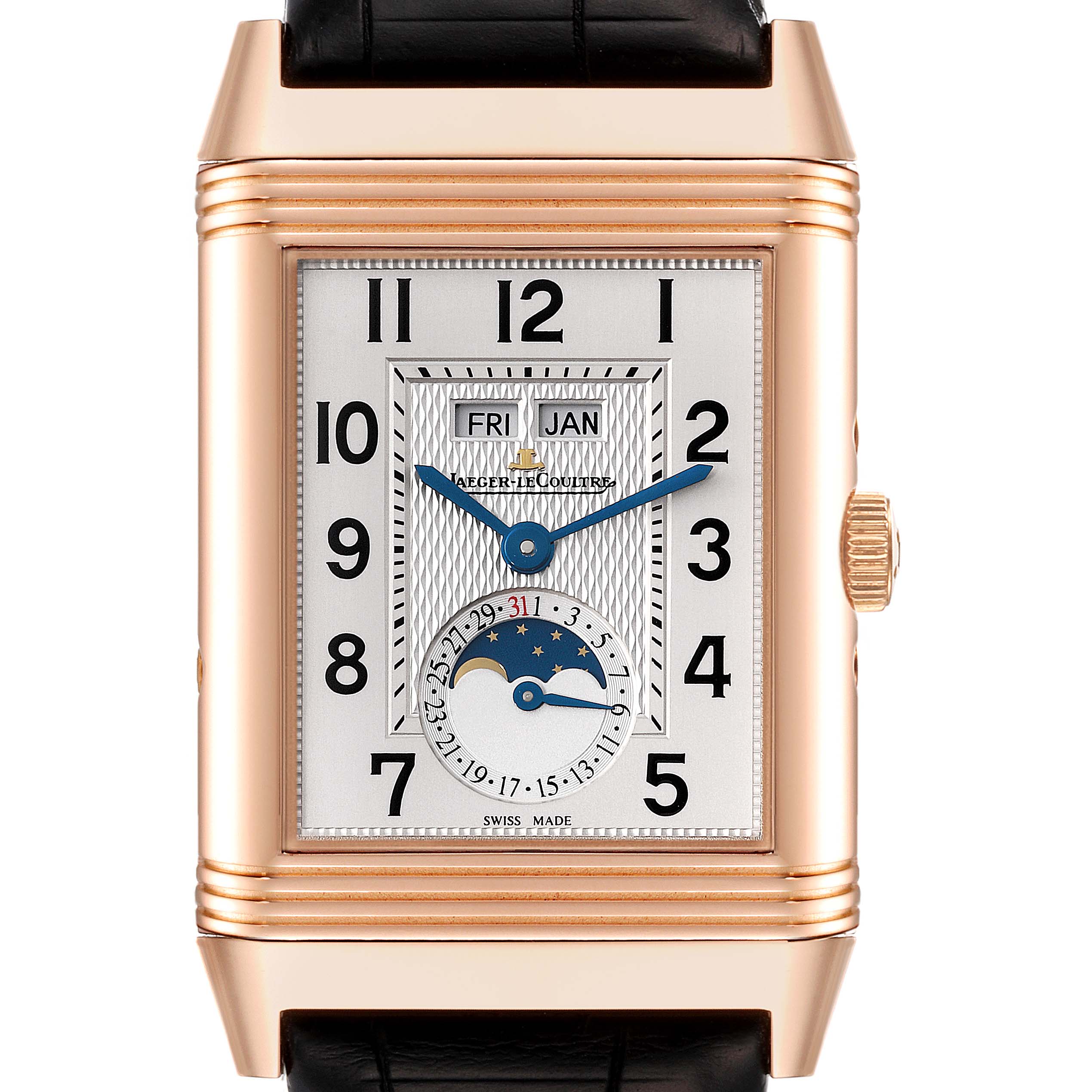 The Jaeger-LeCoultre Reverso watch is shown from the front, displaying the dial, day, date, and moon phase functions.