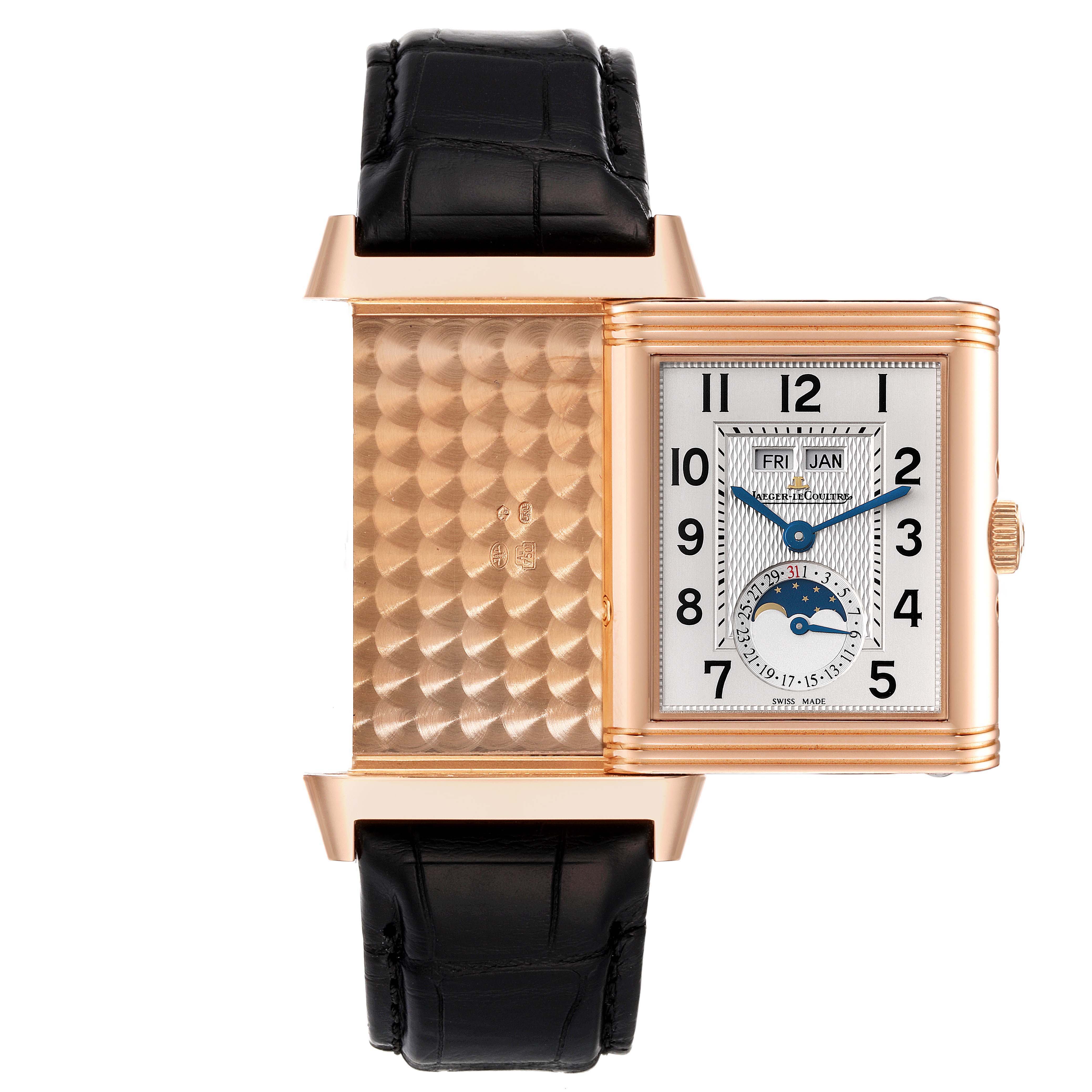 The image shows the front view of a Jaeger LeCoultre Reverso Q3752520 Men's Rose Gold Silver Dial Q3752520 Men's Rose Gold Silver Dial watch with its reversible case partially opened, displaying both sides.