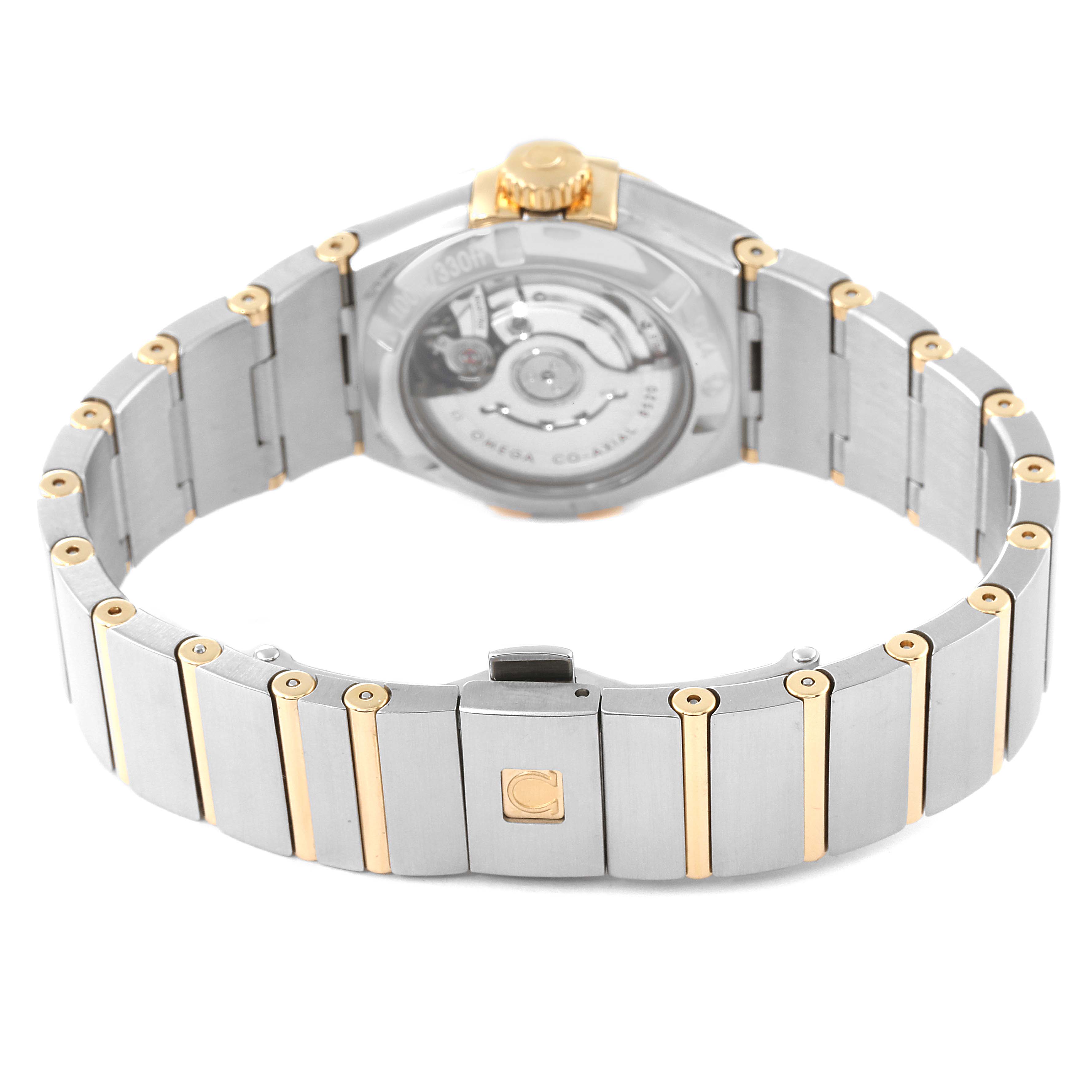 The image shows the back view of the Omega 123.25.27.20.55.004 Women's Steel and Gold (two tone) Mother of Pearl Dial 123.25.27.20.55.004 Women's Steel and Gold (two tone) Mother of Pearl Dial Constellation Steel Yellow Gold Diamond Watch 123.25.27.20.55.004, highlighting the bracelet and movement.