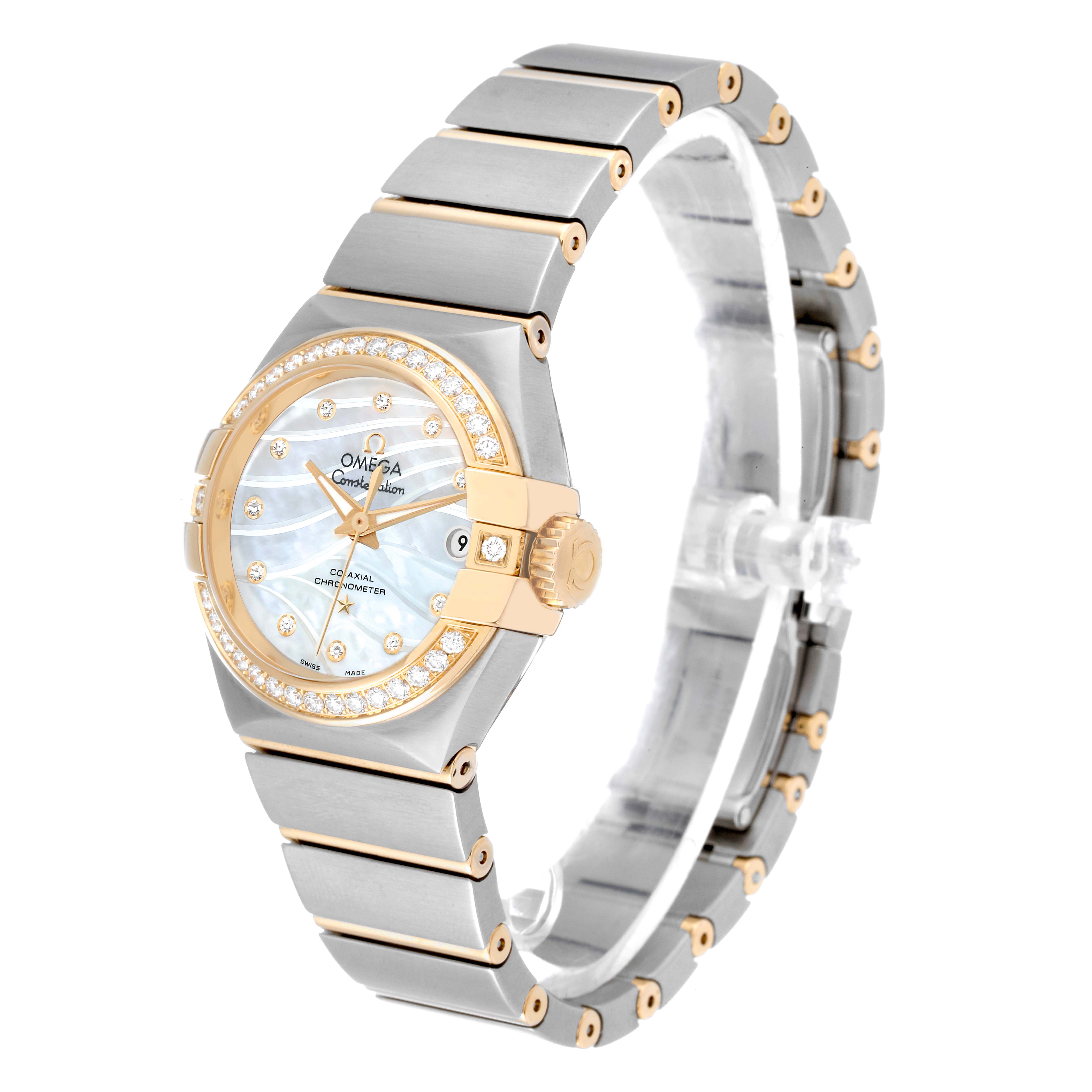 The Omega 123.25.27.20.55.004 Women's Steel and Gold (two tone) Mother of Pearl Dial 123.25.27.20.55.004 Women's Steel and Gold (two tone) Mother of Pearl Dial Constellation Steel Yellow Gold Diamond Watch is shown from a three-quarter angle, highlighting the face, bezel, and bracelet.