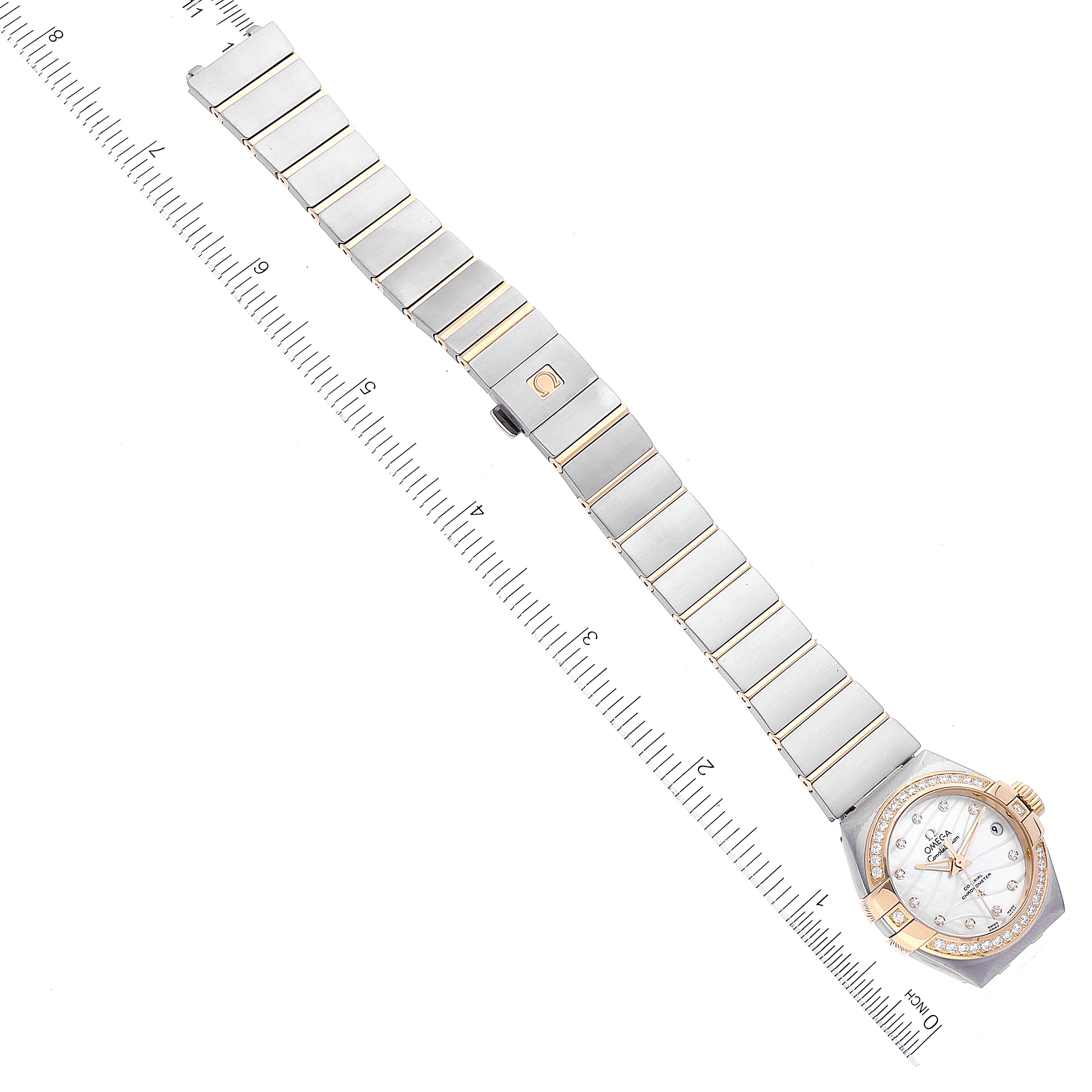 The image shows an Omega 123.25.27.20.55.004 Women's Steel and Gold (two tone) Mother of Pearl Dial 123.25.27.20.55.004 Women's Steel and Gold (two tone) Mother of Pearl Dial Constellation Steel Yellow Gold Diamond Watch 123.25.27.20.55.004 laid flat with the full band and dial visible.