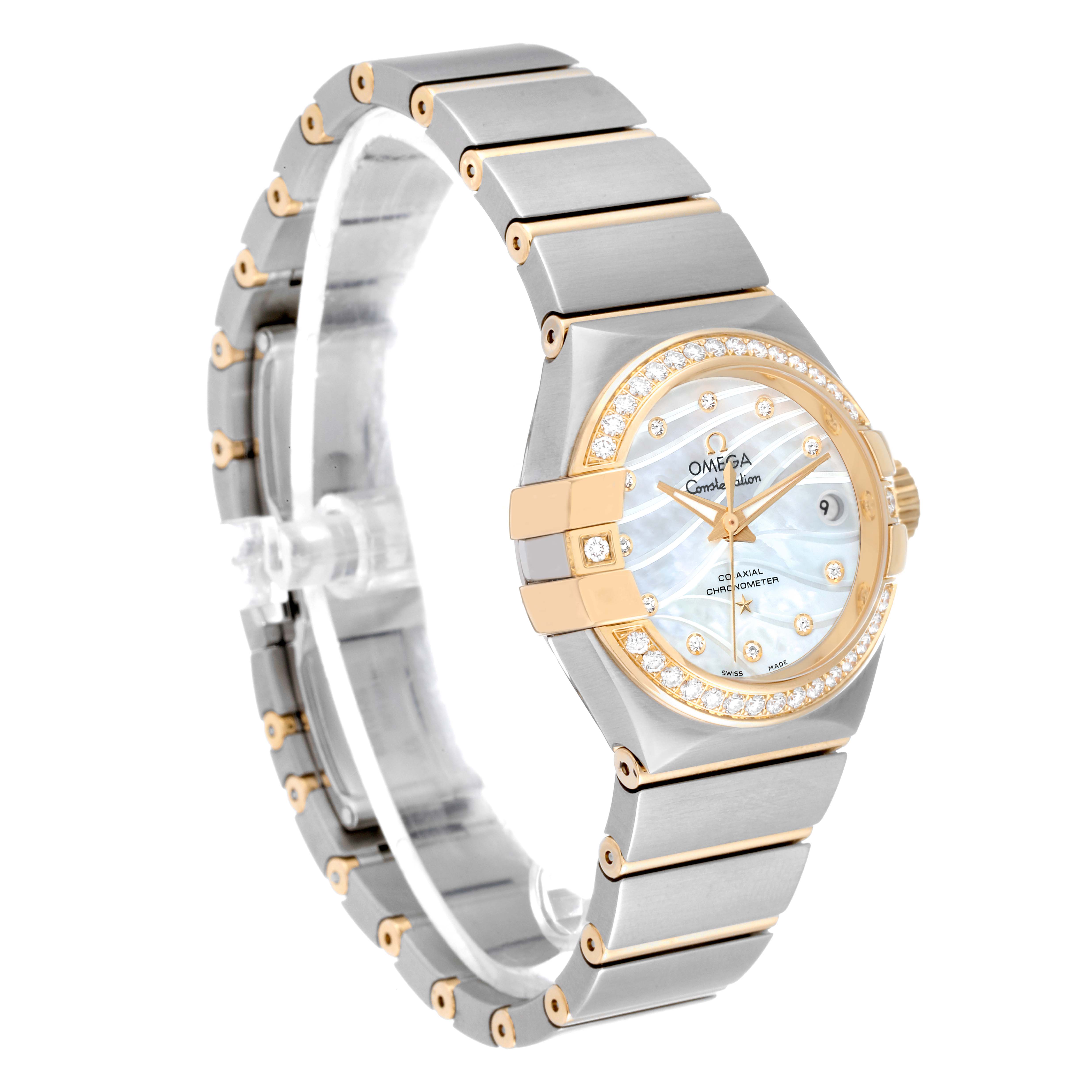 The Omega 123.25.27.20.55.004 Women's Steel and Gold (two tone) Mother of Pearl Dial 123.25.27.20.55.004 Women's Steel and Gold (two tone) Mother of Pearl Dial Constellation Steel Yellow Gold Diamond Watch 123.25.27.20.55.004 is shown at a three-quarter angle.