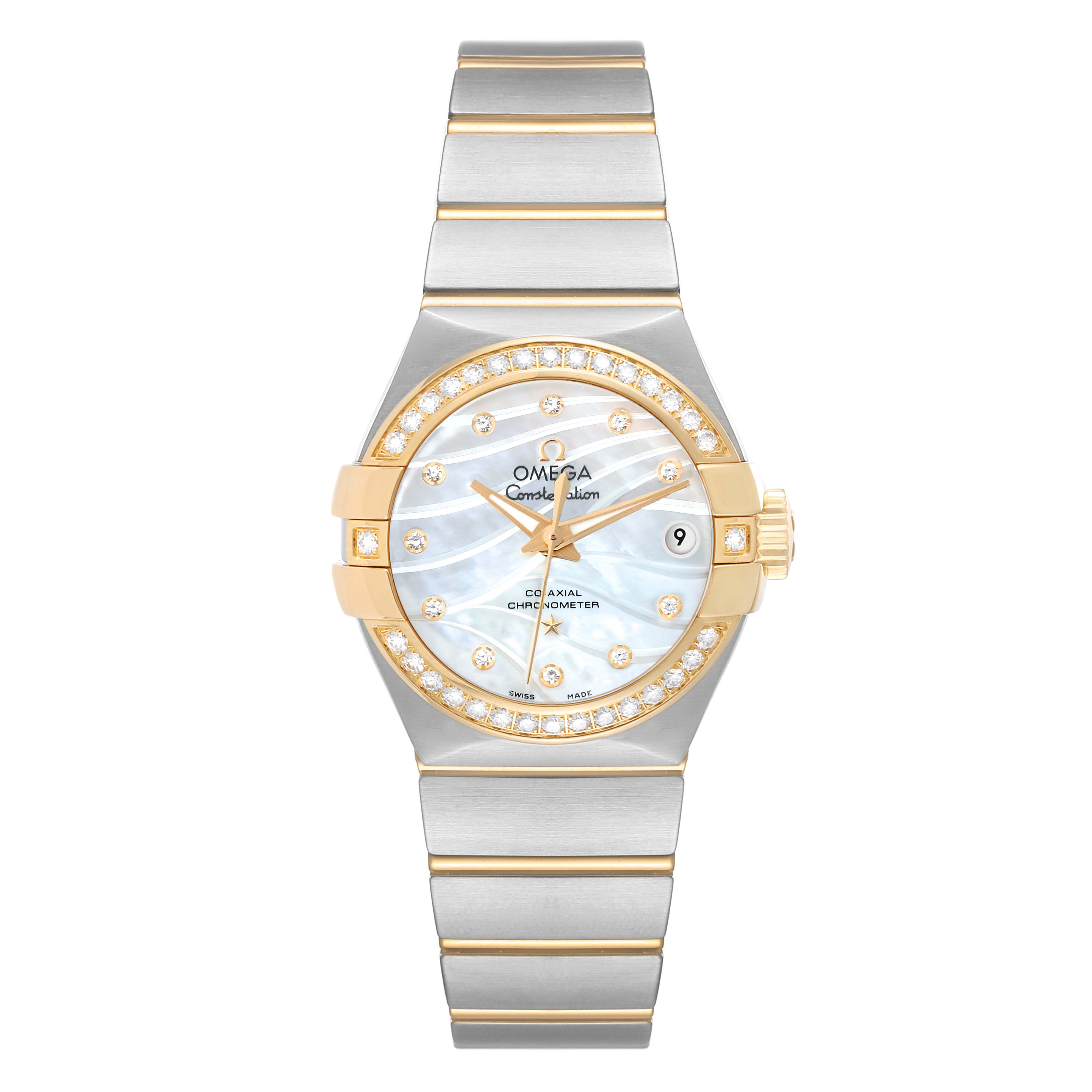 The Omega 123.25.27.20.55.004 Women's Steel and Gold (two tone) Mother of Pearl Dial 123.25.27.20.55.004 Women's Steel and Gold (two tone) Mother of Pearl Dial Constellation Steel Yellow Gold Diamond Watch model 123.25.27.20.55.004 is shown from the front, displaying its dial, bezel, and bracelet.