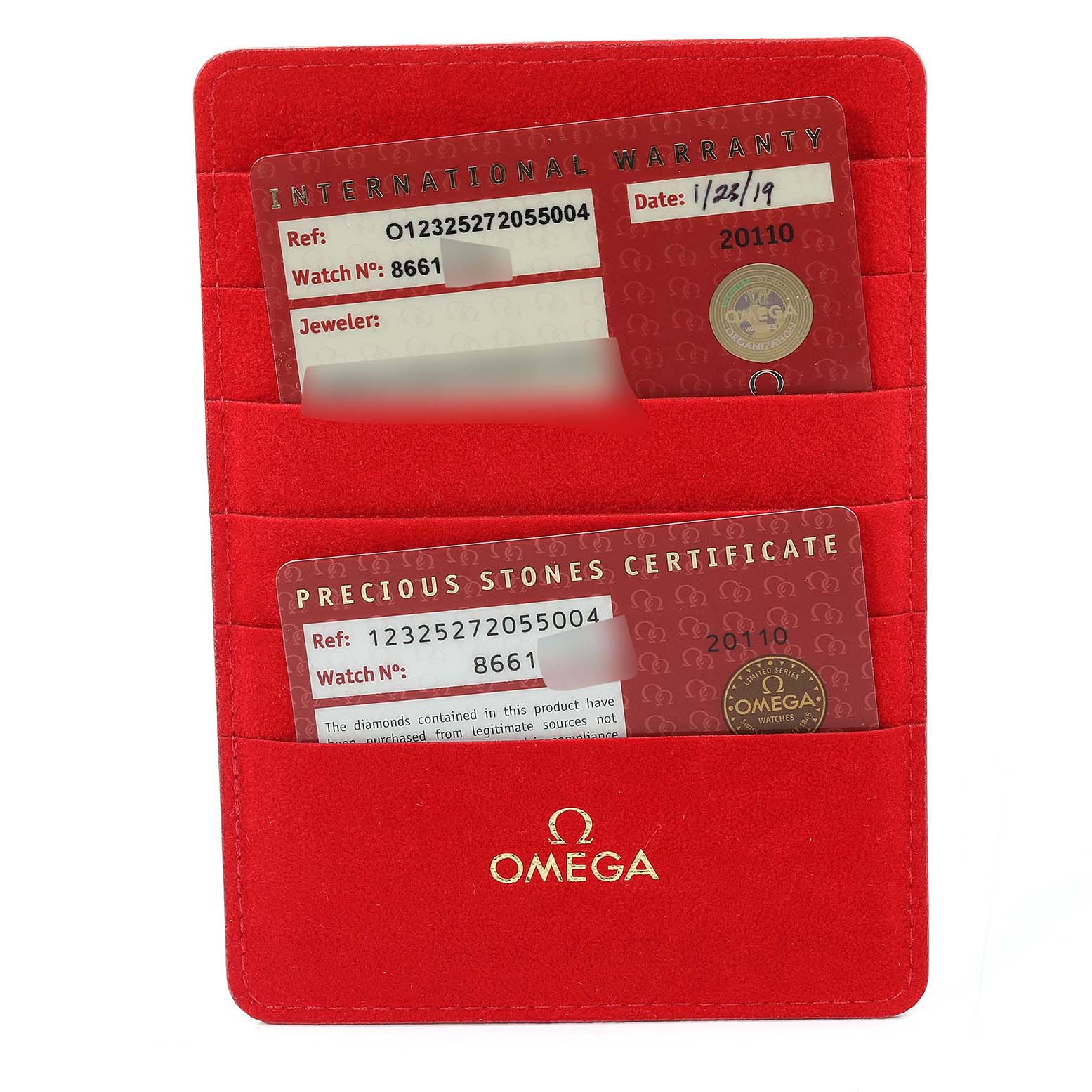 The image shows the warranty and precious stones certificate cards for an Omega 123.25.27.20.55.004 Women's Steel and Gold (two tone) Mother of Pearl Dial 123.25.27.20.55.004 Women's Steel and Gold (two tone) Mother of Pearl Dial Constellation Steel Yellow Gold Diamond Watch model 123.25.27.20.55.004.